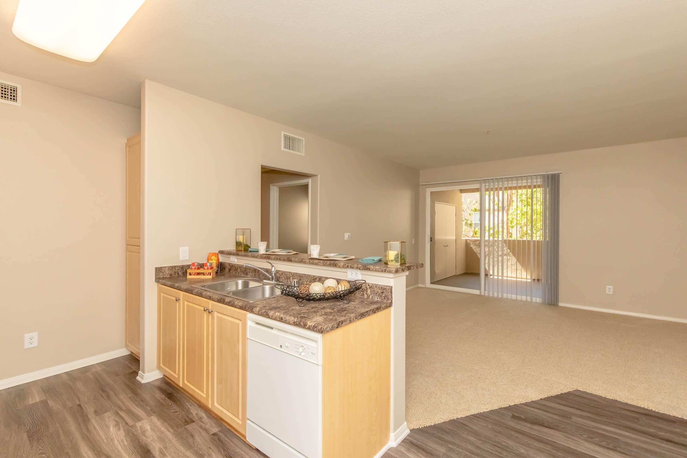 Modern apartment kitchen with wood cabinetry, a double sink, and a dishwasher. The open layout leads to a spacious living area with light-colored walls and large windows, providing a view of a patio or balcony. Soft, neutral-colored flooring adds warmth to the space.