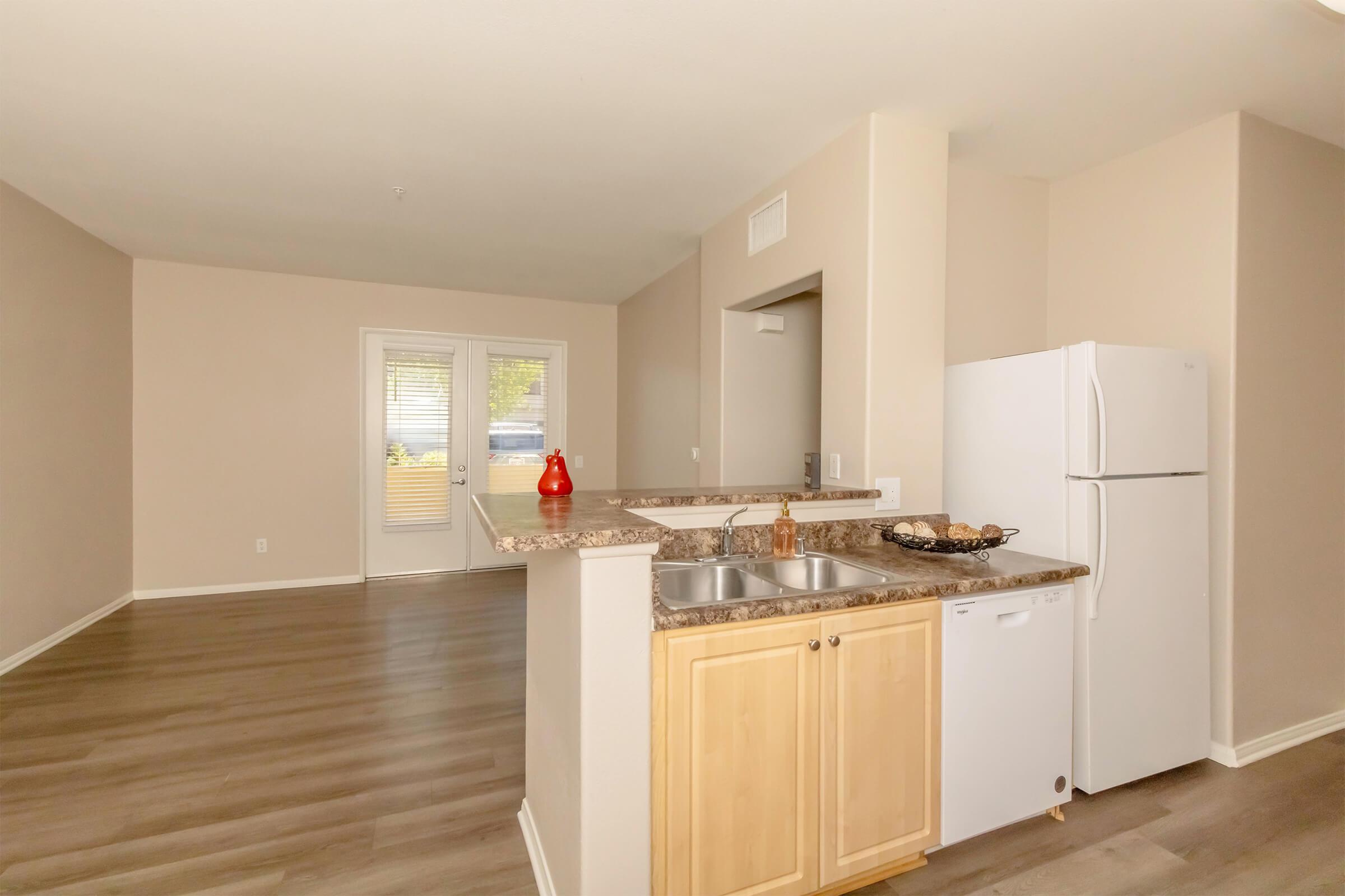 Interior of a modern apartment featuring a kitchen with granite countertops, a double sink, and a refrigerator. The living area has wood-like flooring and neutral-colored walls, with a window allowing natural light. A door leads to an outdoor space, enhancing the open and spacious feel of the layout.