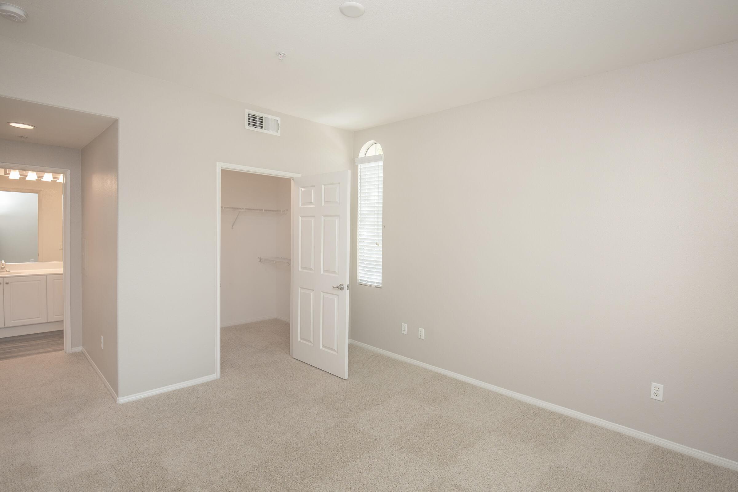 Carpeted bedroom with open walk-in closet door