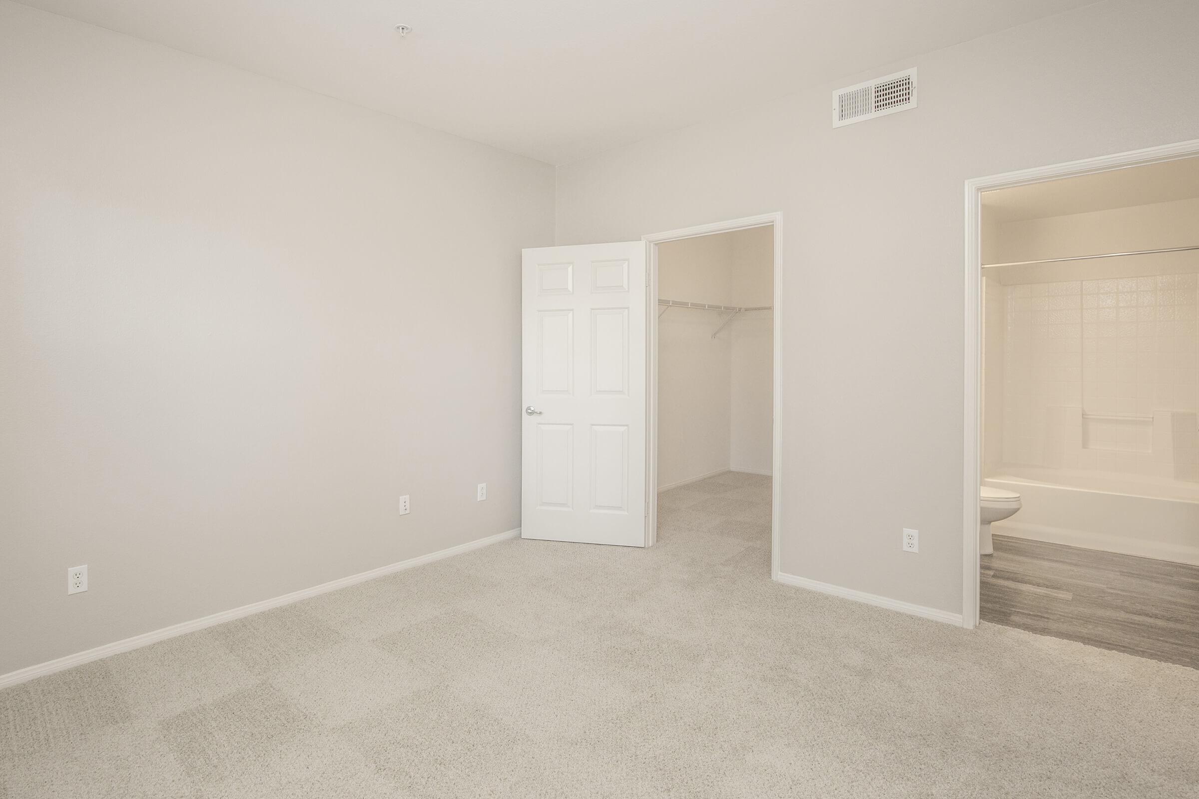 Carpeted bedroom with open walk-in closet and bathroom doors