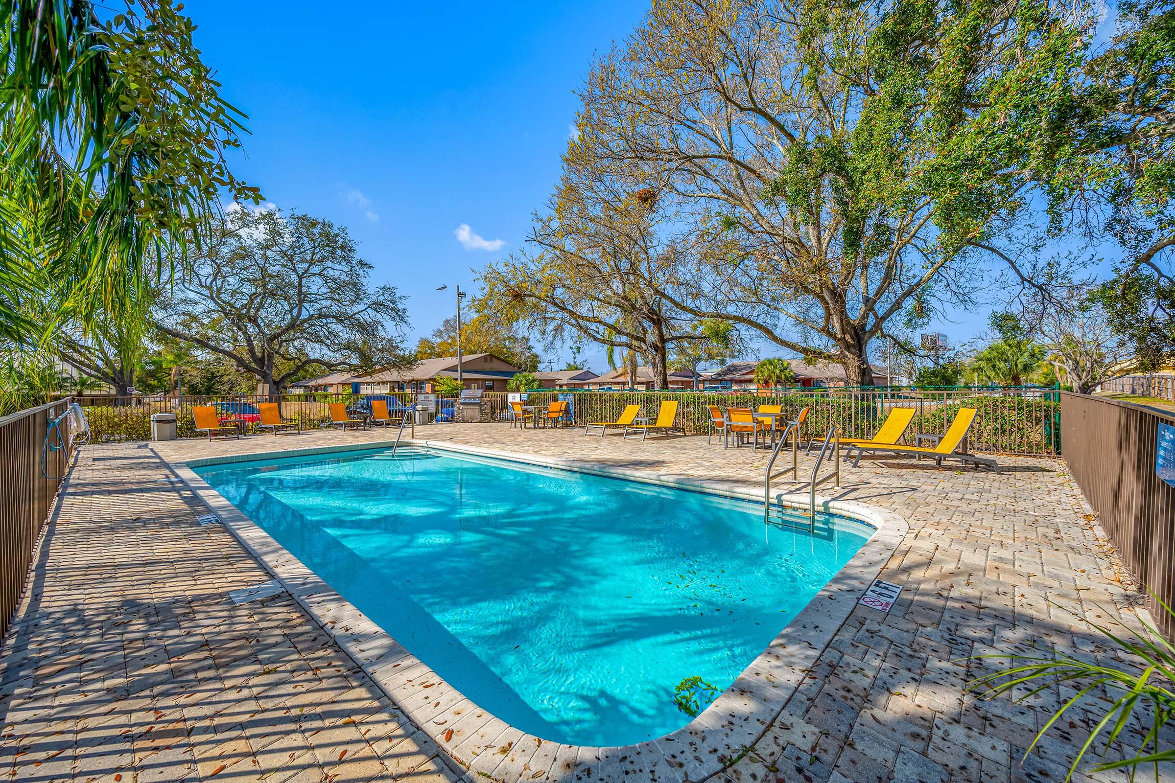 A sunny outdoor swimming pool surrounded by lounge chairs on a deck. The pool features a clear blue water surface with a few leaves floating on top. Lush green trees provide shade, and a bright blue sky is visible overhead, indicating a pleasant, warm day.