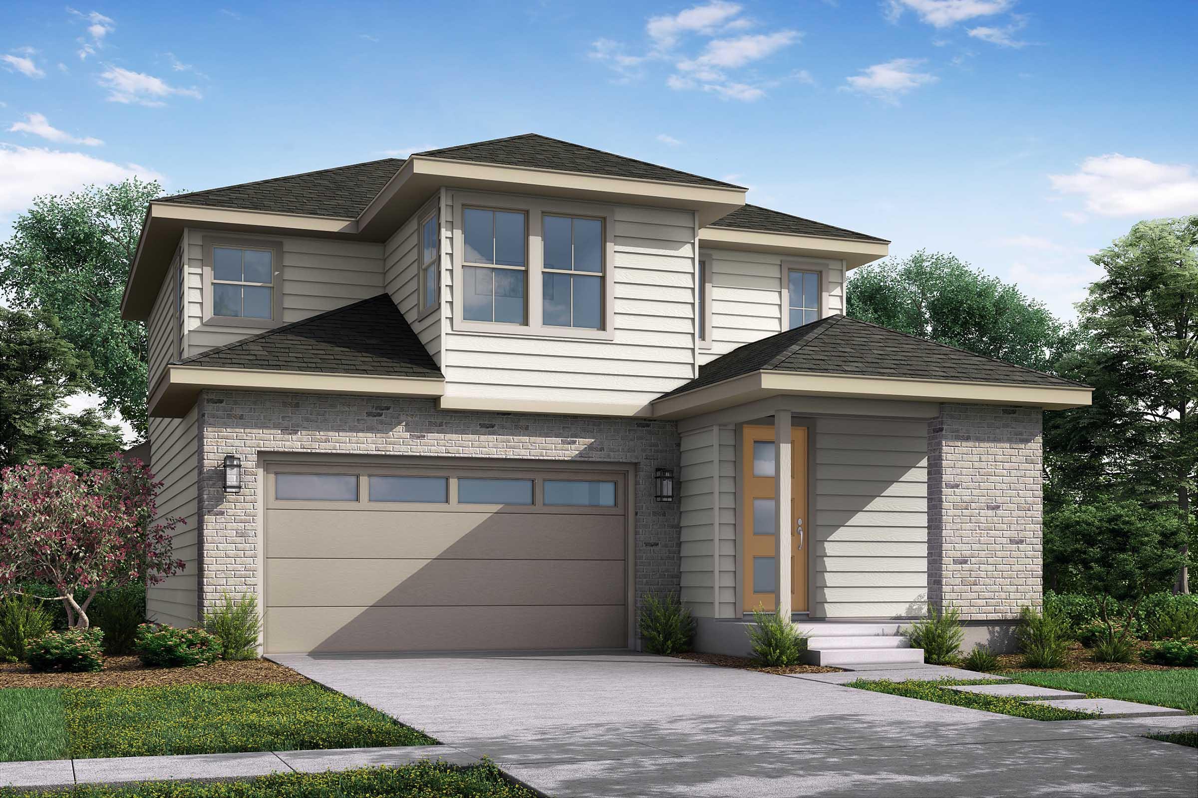A modern two-story house featuring a combination of light gray siding and brick accents. The home includes a double garage, large windows, and a welcoming front porch. Lush green landscaping surrounds the property under a clear blue sky.