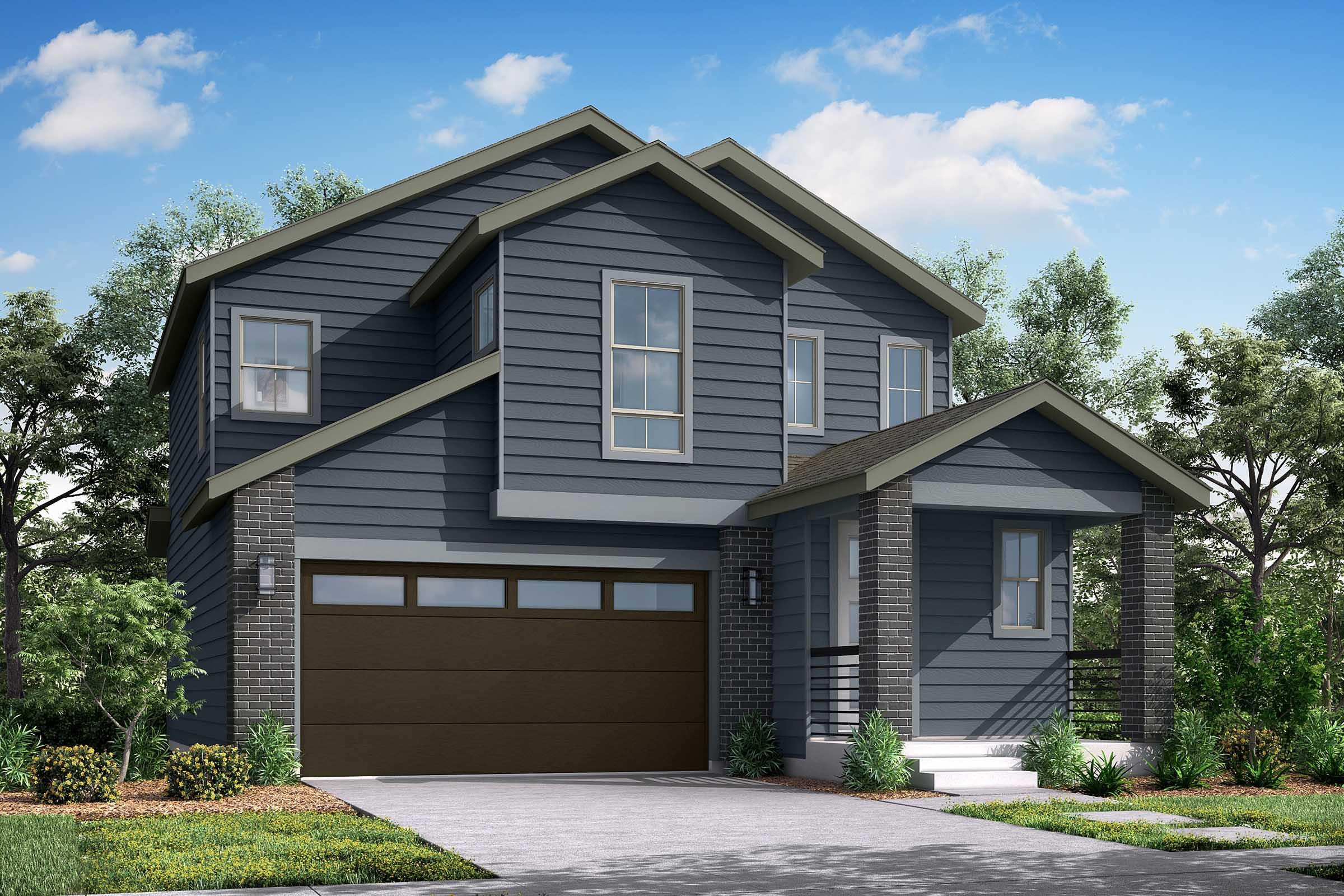 A modern two-story house with a dark blue exterior, featuring a garage with a brown door, stone accents, and a covered front porch. Lush greenery surrounds the home, and the sky is clear with a few clouds, creating a bright, inviting atmosphere.