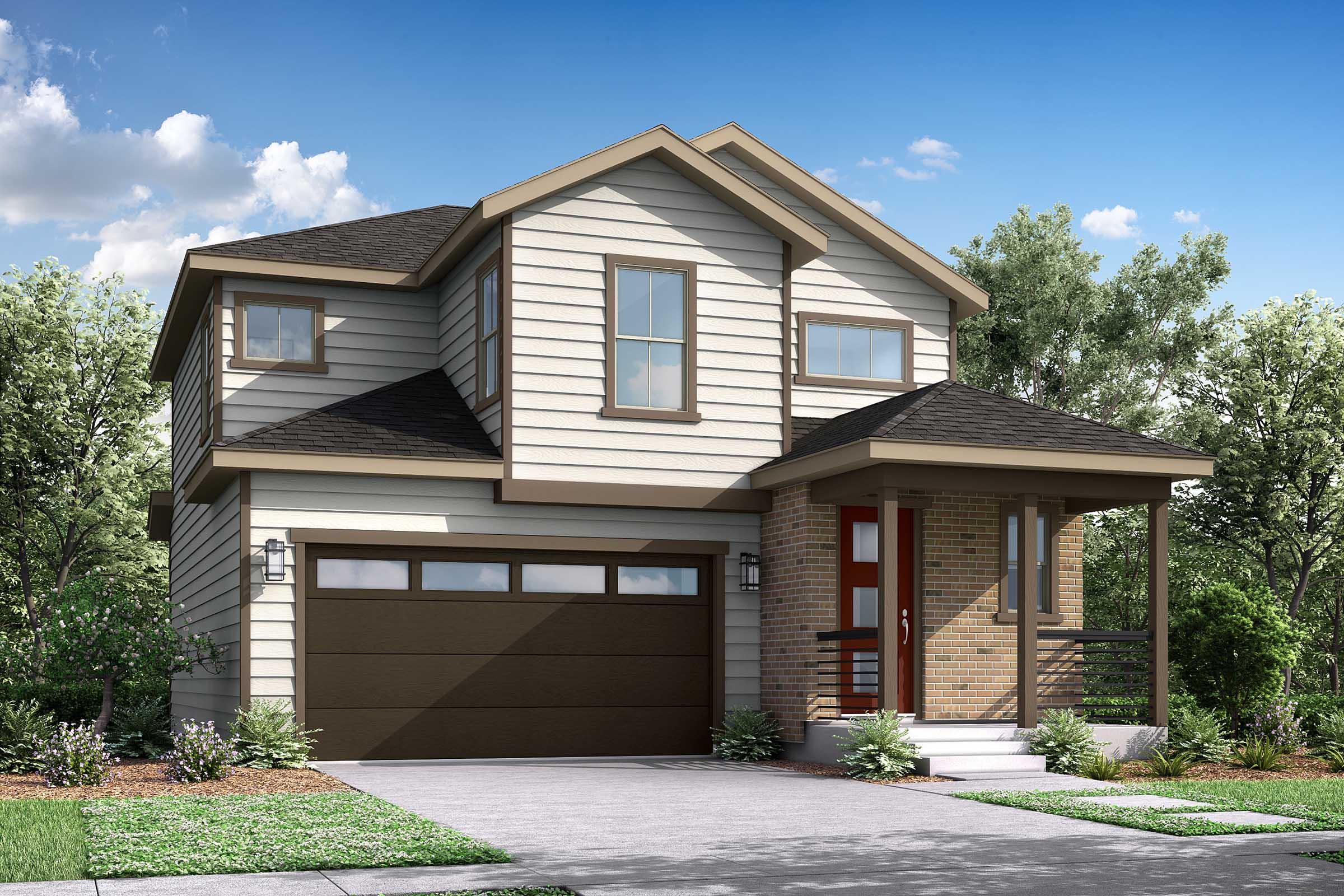 A two-story modern home with a combination of beige siding and brick accents. It features a covered front porch, a garage with a brown door, and a well-manicured front yard with shrubs. The sky is clear with a few clouds, creating a bright and inviting atmosphere.