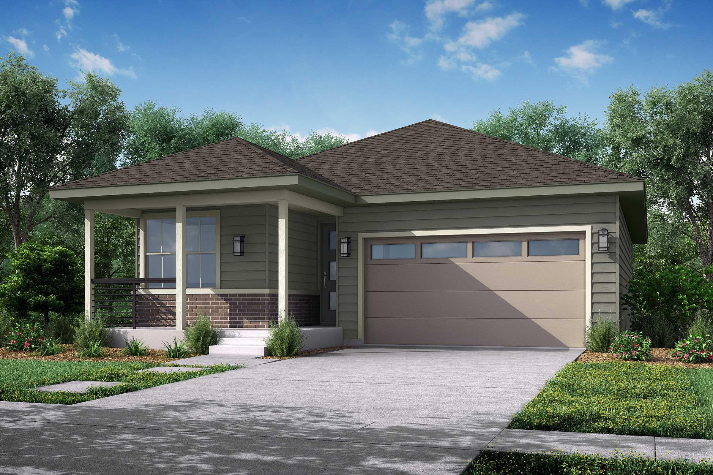 A modern one-story house featuring a beige exterior with a brown shingle roof. The front porch has a small railing, and the garage door is located on the right side. Lush greenery surrounds the home, with a neatly paved driveway leading to the entrance. Bright blue sky and fluffy clouds add to the cheerful atmosphere.
