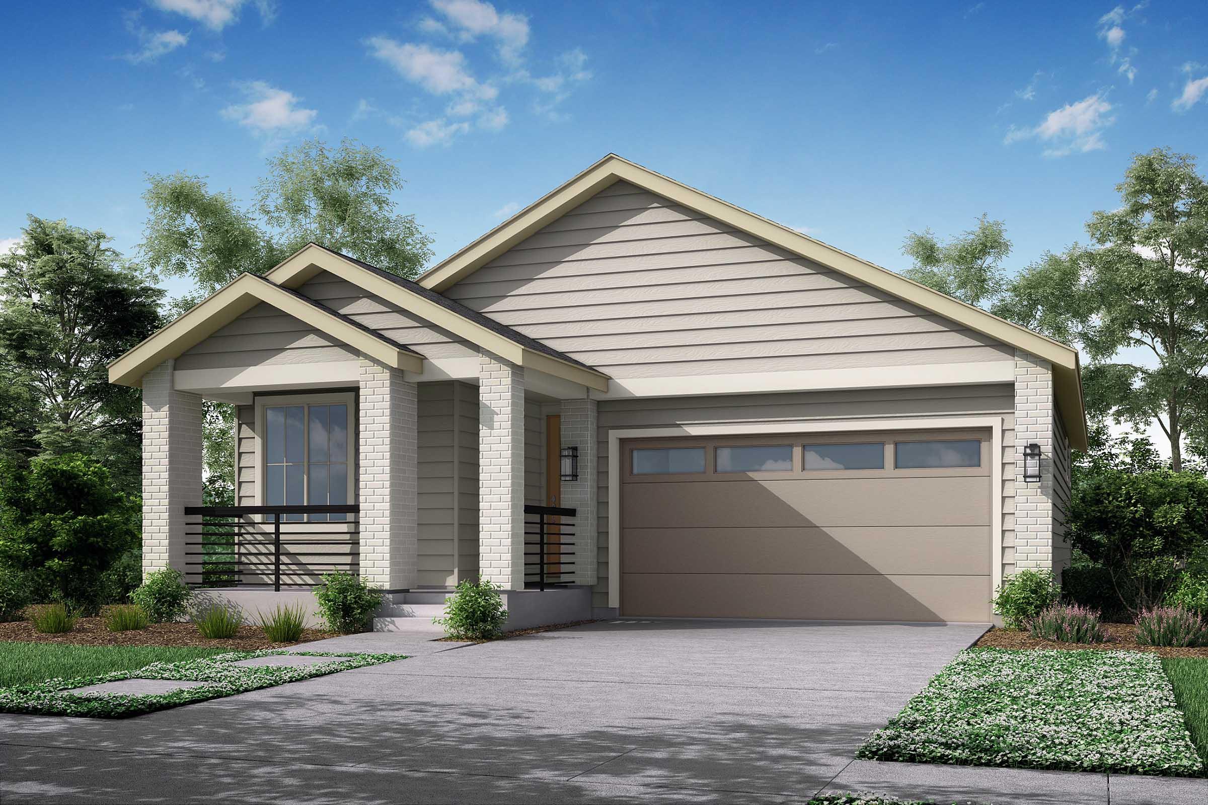 A modern single-story house featuring a covered porch, light-colored siding, and a two-car garage with a smooth concrete driveway. Lush green landscaping surrounds the home, with shrubs and small plants adding to the curb appeal under a bright blue sky.