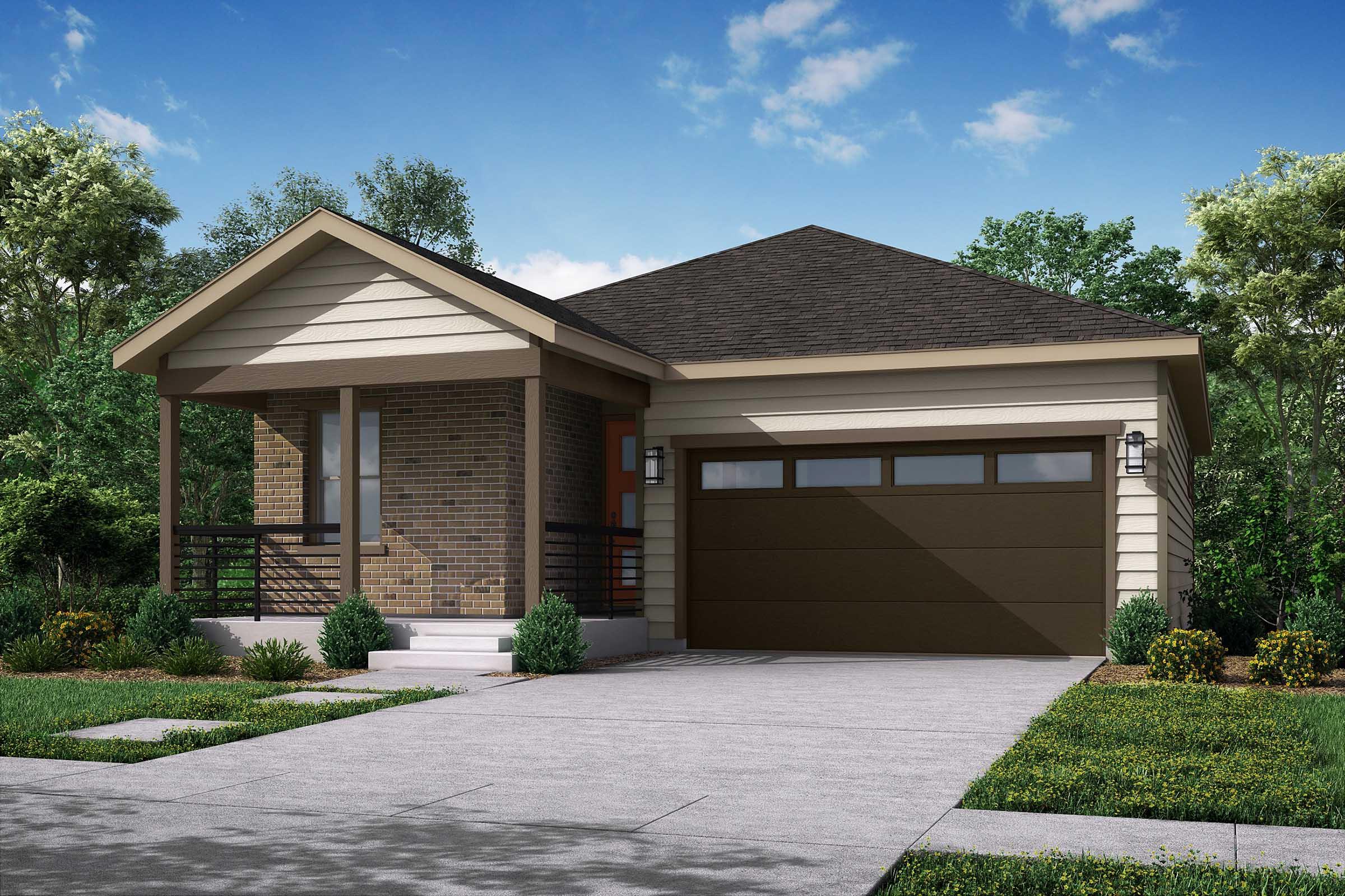 A modern single-story house featuring a mix of brick and siding, a welcoming front porch, and a two-car garage. The driveway is lined with greenery, and the background shows trees under a clear blue sky with scattered clouds.