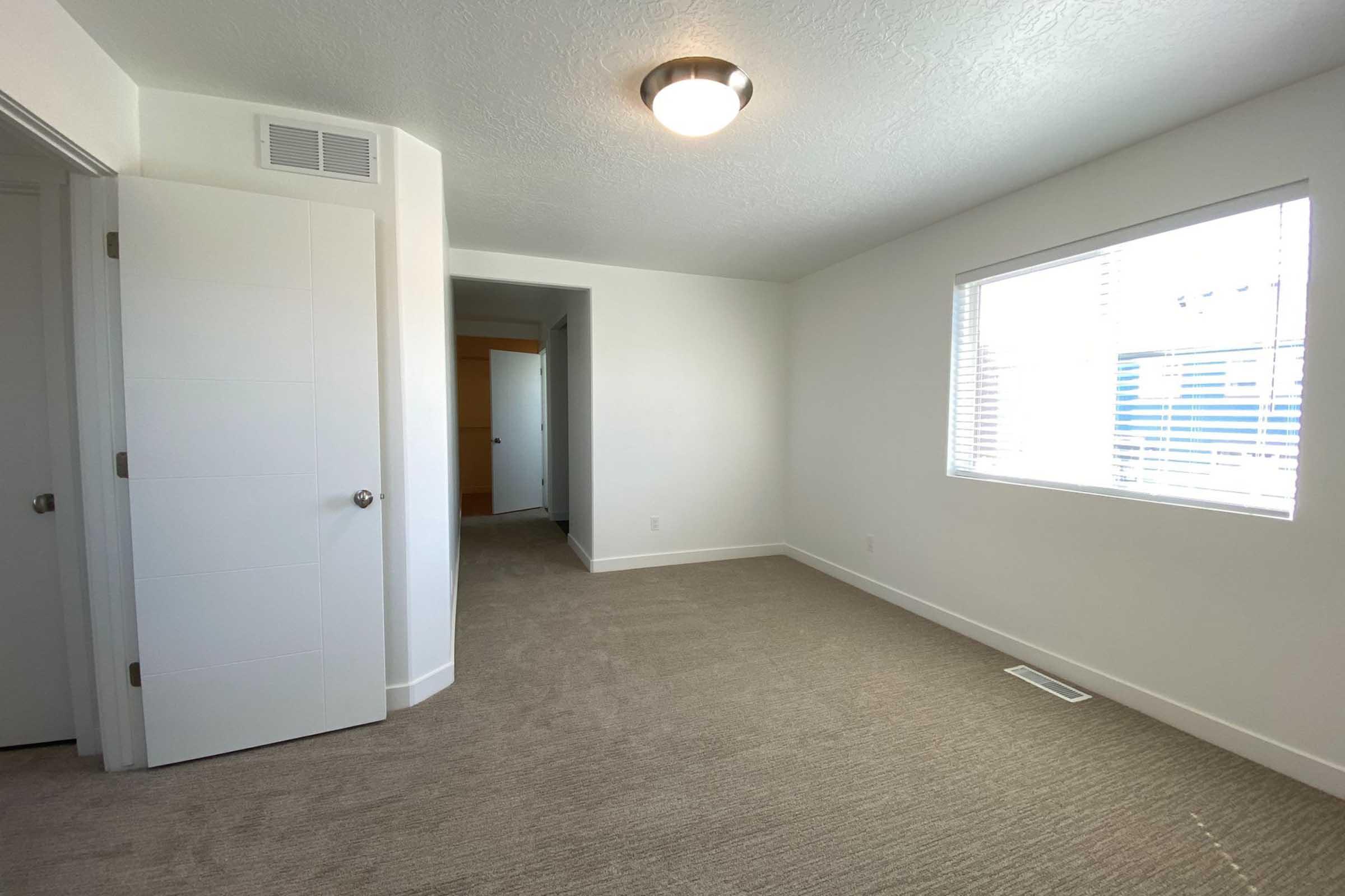 Empty room with light gray carpet and white walls. A ceiling light fixture provides illumination. One wall features a window with blinds, allowing natural light to enter. There are two doors visible, one leading to another room and the other likely a closet. The space is uncluttered and newly painted.