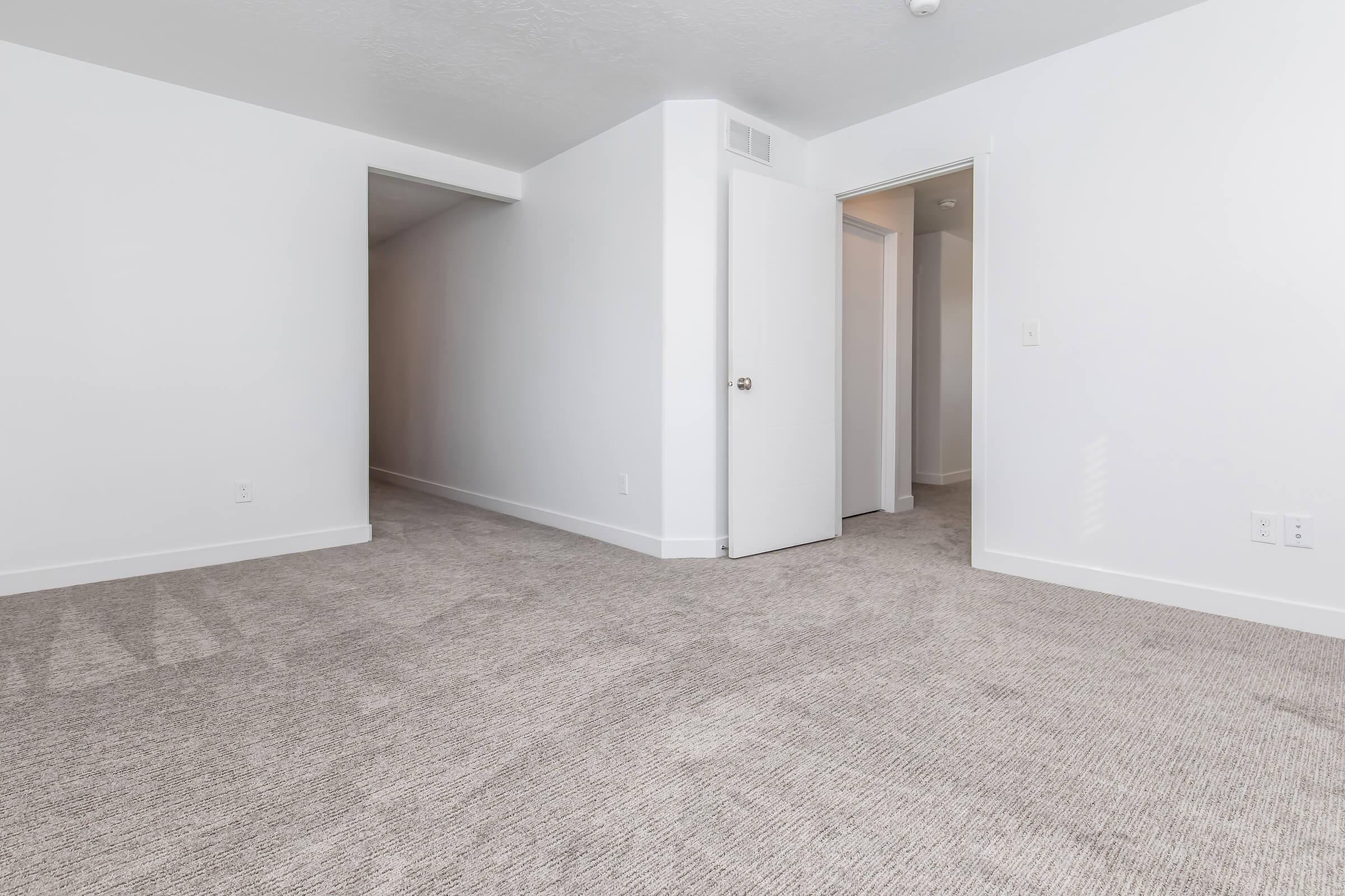 Interior view of a vacant room featuring light gray carpet and white walls. There are two doorways leading to adjacent spaces, with one door closed and another slightly ajar. Natural light is visible, creating a bright and open atmosphere. The room is unfurnished and ready for decoration.