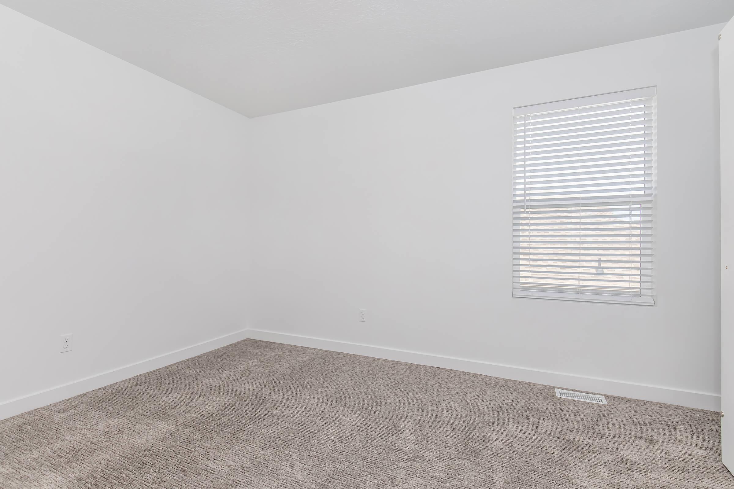 Empty room with light gray carpet, white walls, and a single window covered by white blinds allowing natural light in. The space appears spacious and clean, with no furniture present.