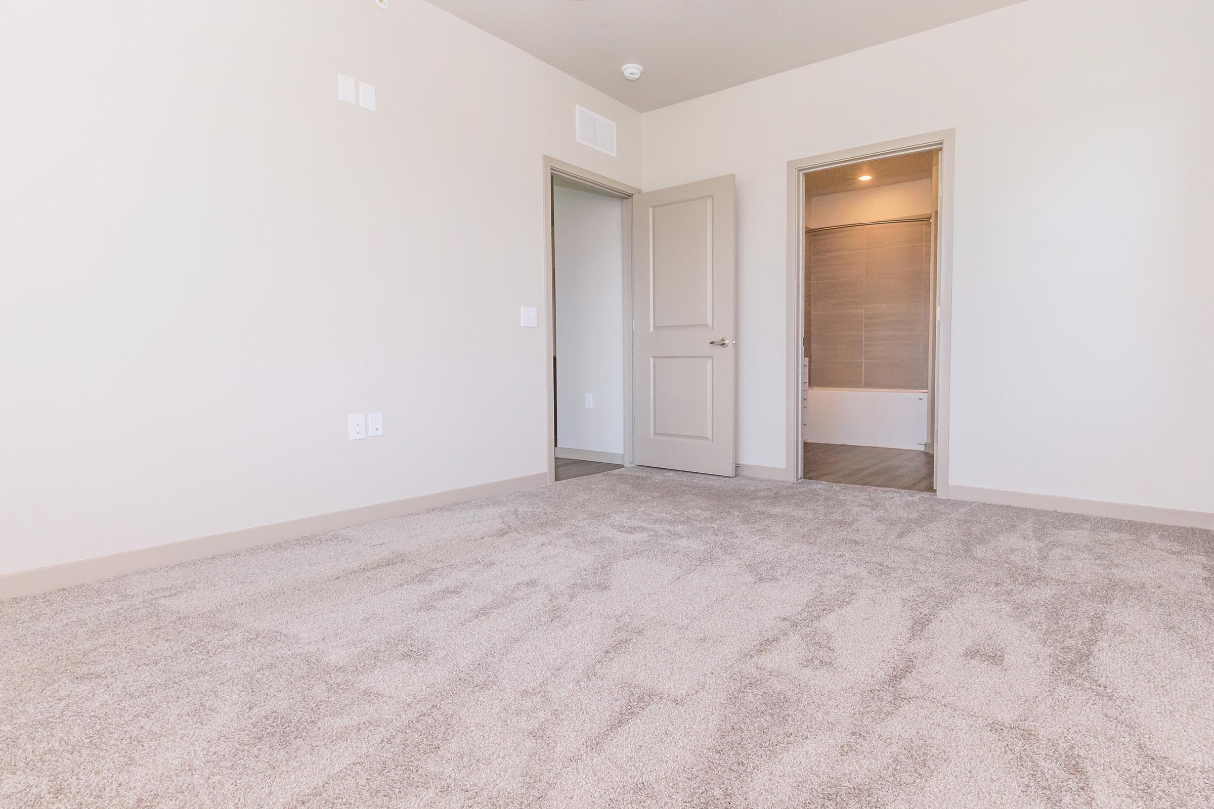 Empty room with light beige walls and a soft, plush carpet. The space features an open door leading to another room and a closet door, both unadorned. Natural light enters the room, creating a bright and airy atmosphere. The absence of furniture highlights the spaciousness of the area.