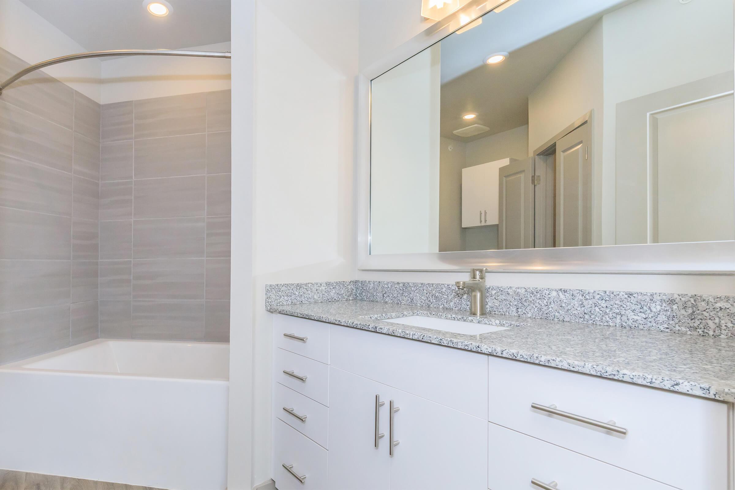 Modern bathroom featuring a spacious vanity with a granite countertop and sleek white cabinetry. A large mirror reflects the area, while a separate shower and tub combo with gray tiles is visible in the corner. Bright overhead lighting enhances the clean, contemporary design.