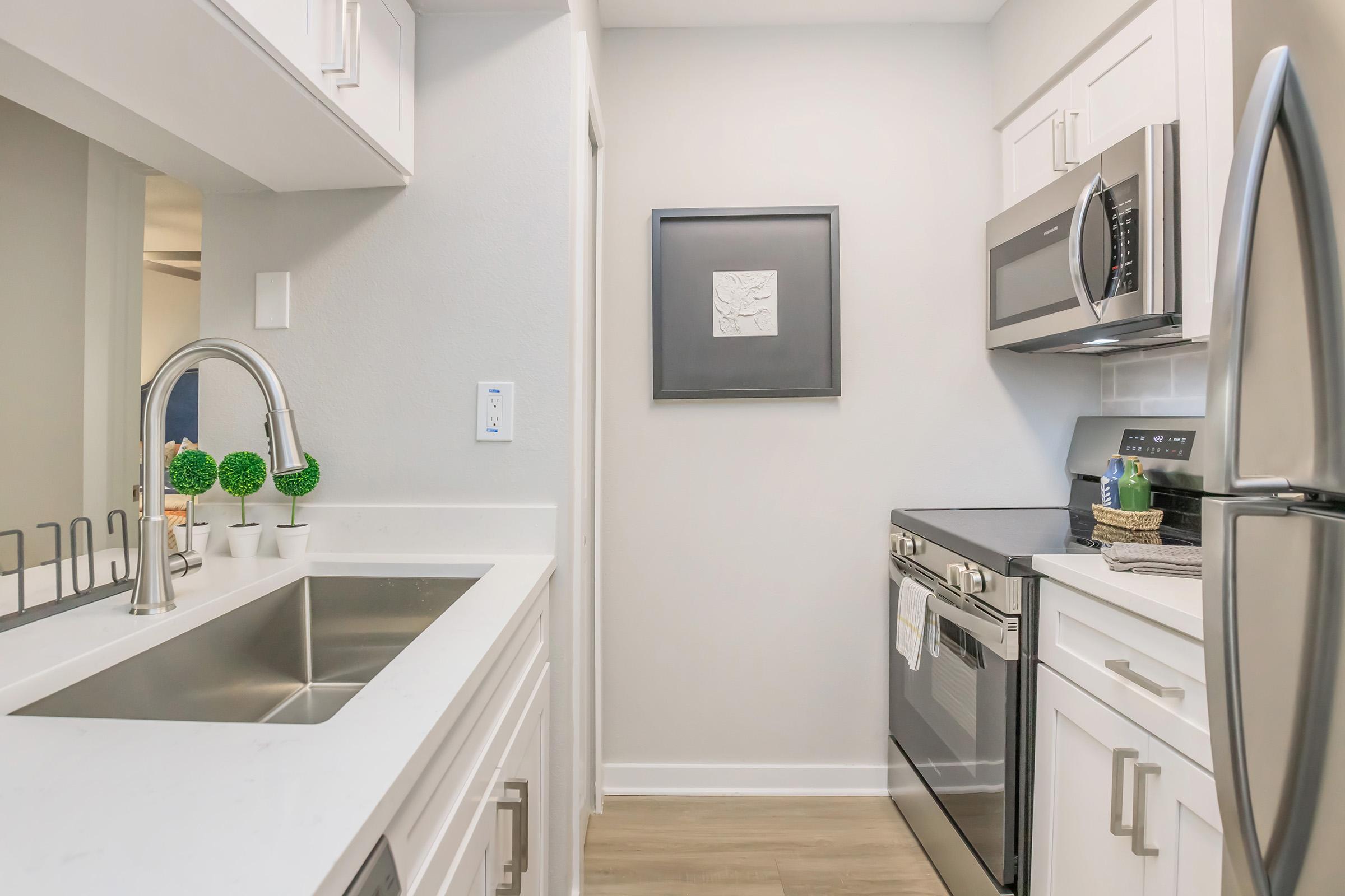 Modern kitchen featuring a stainless steel sink and appliances, including an oven and microwave. The cabinetry is white with a sleek countertop. A framed art piece is hung on the wall, and small green plants are strategically placed on the counter, creating a clean and inviting atmosphere.