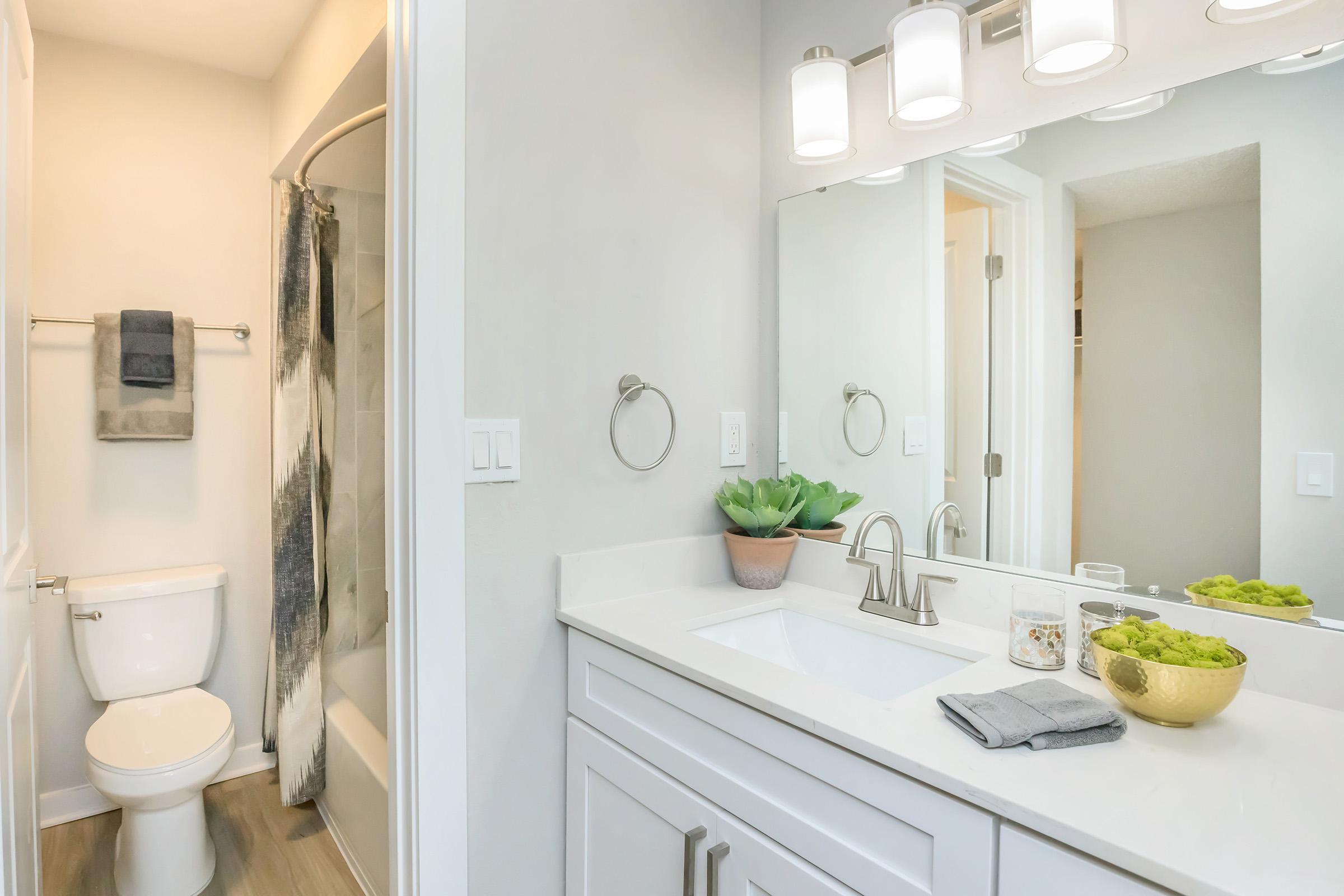 A modern bathroom featuring a white countertop with a sink, a wall-mounted mirror, and a light fixture above. The space includes a shower area divider, a towel rack with grey towels, and decorative green plants on the counter. A toilet is visible in the corner, and the walls are painted in a soft light color.