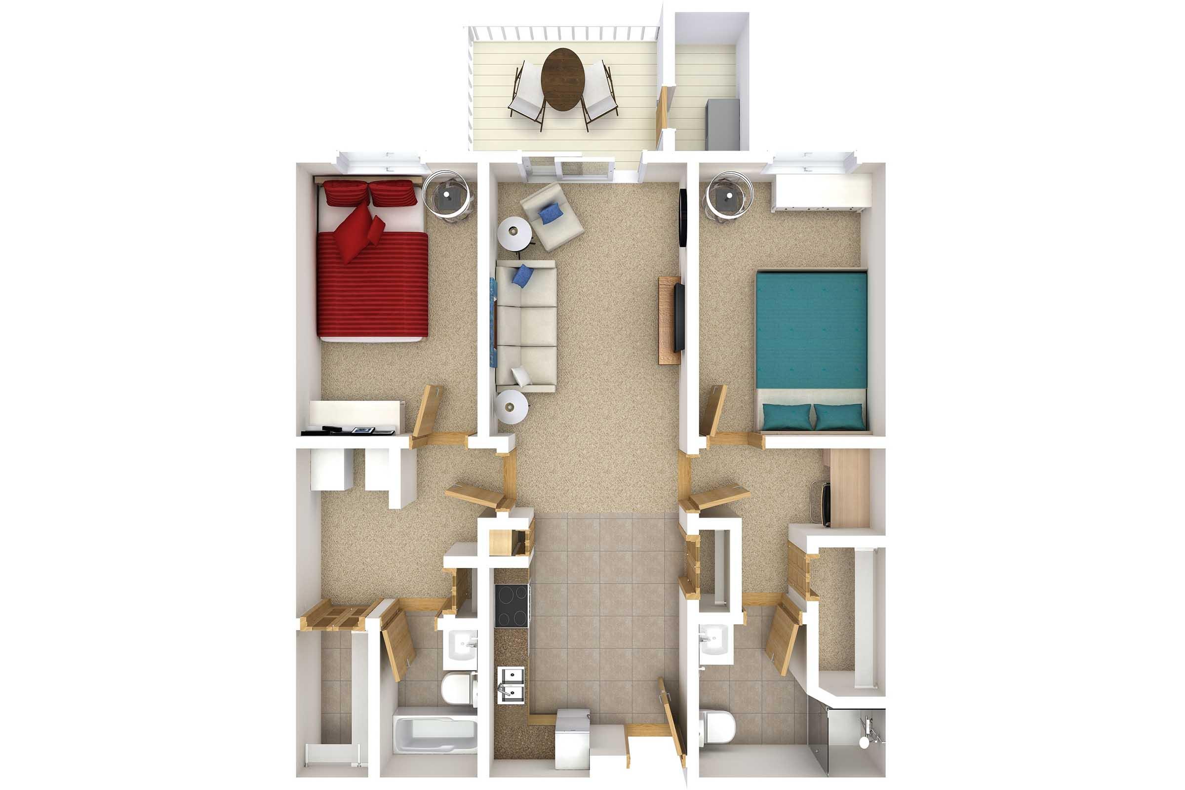 Top-down view of a floor plan for a two-bedroom apartment. The layout includes a living room, dining area, kitchen, two bedrooms, and two bathrooms. Furnishings include a sofa, dining table, and beds, along with various storage spaces, depicted in a modern, open-concept design.