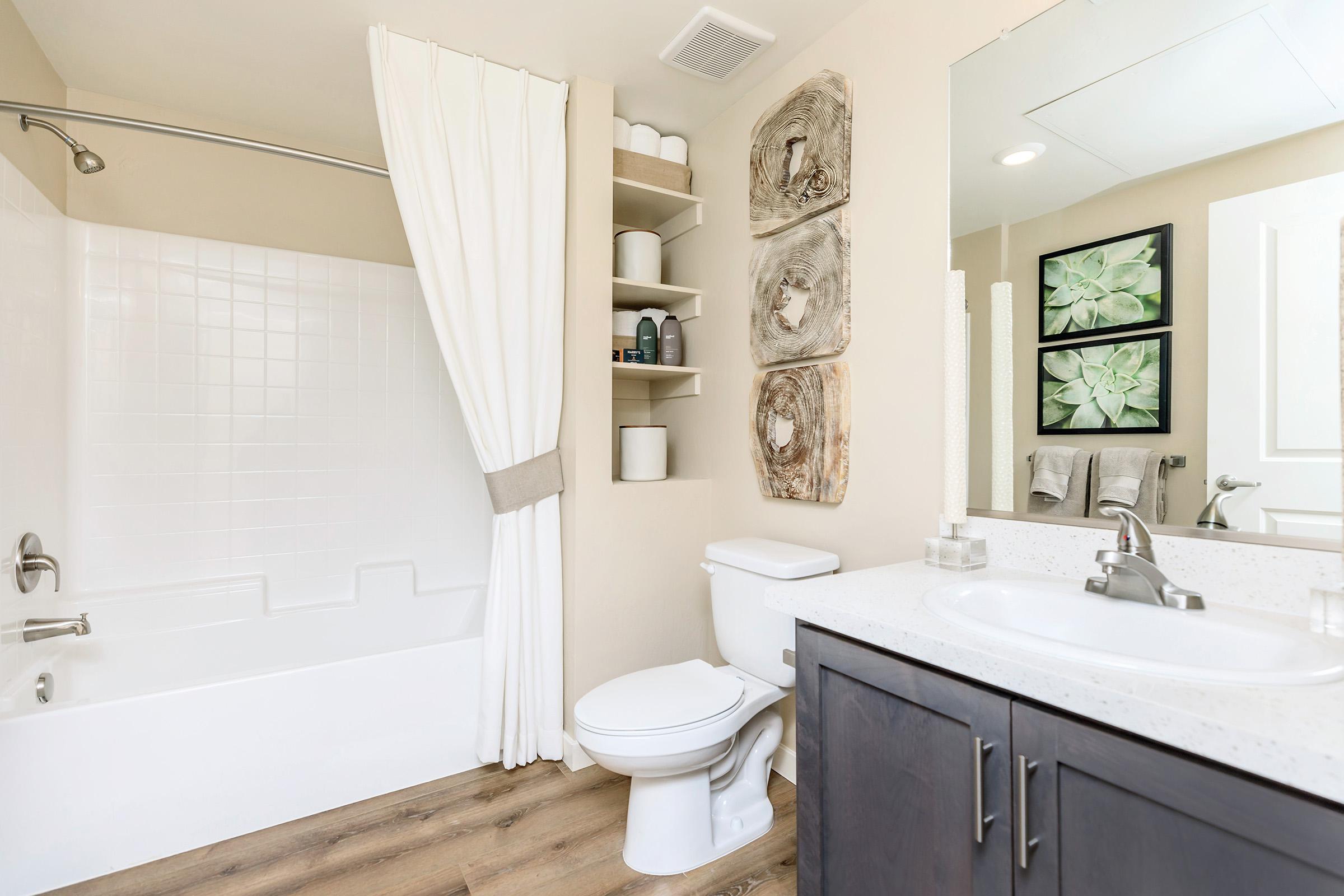 Bathroom with white shower curtain
