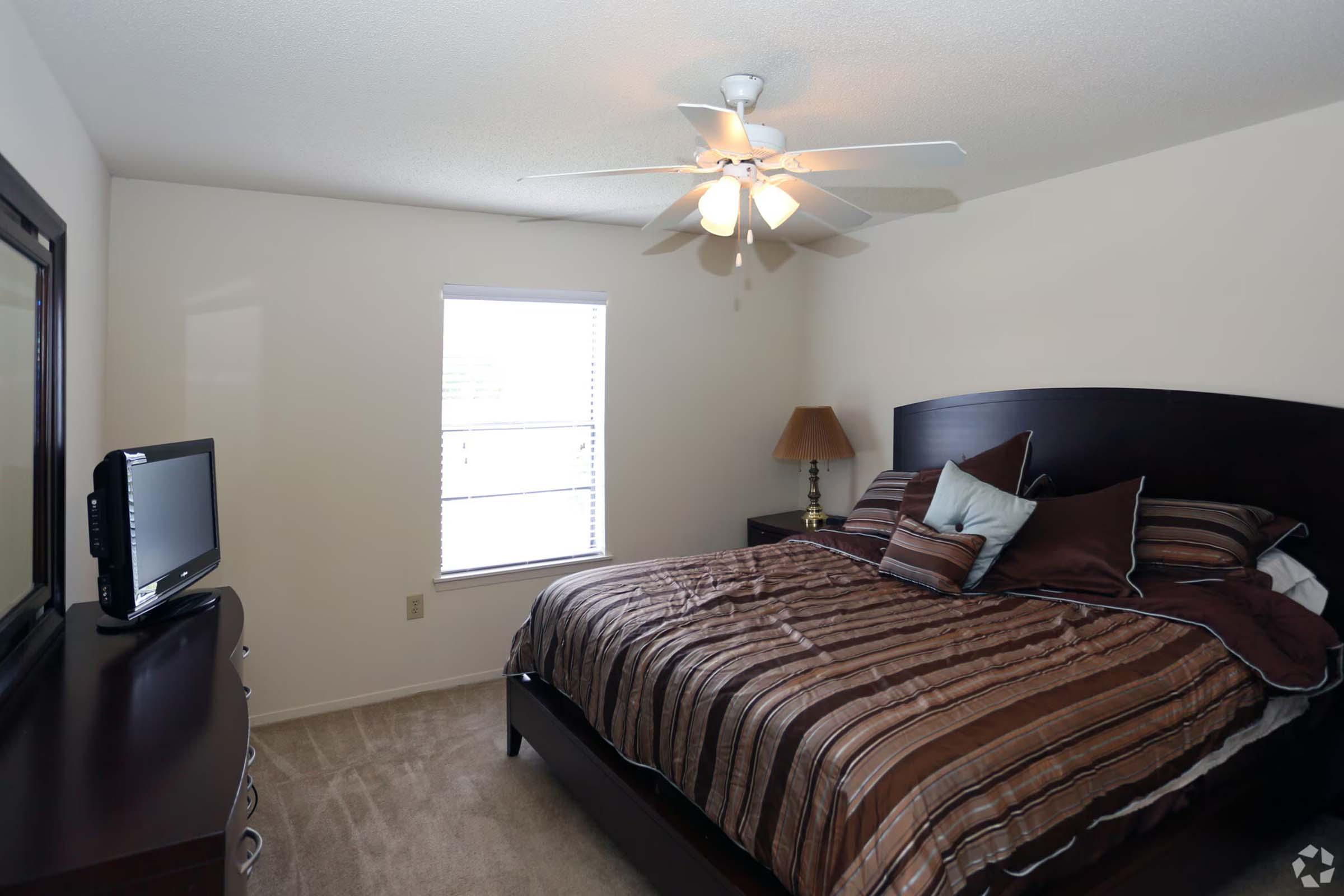 A cozy bedroom featuring a queen-sized bed with brown striped bedding, a wooden headboard, and a bedside lamp. There's a television on a dresser and a large mirror on the wall. A window allows natural light to brighten the room, which has neutral-colored walls and a carpeted floor.