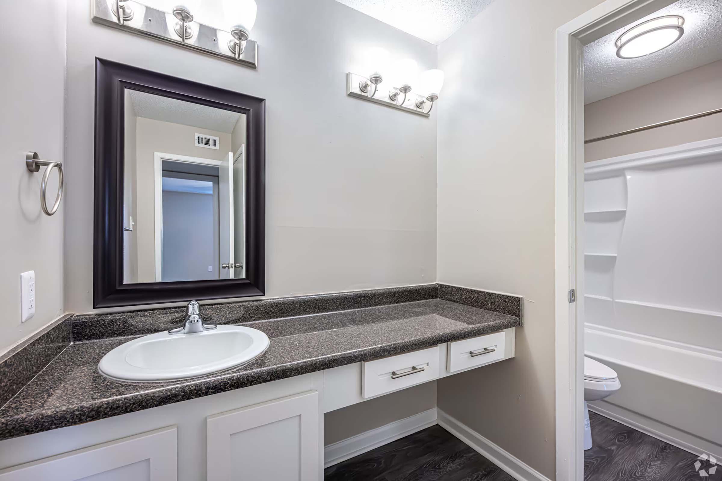 A modern bathroom featuring a dark granite countertop with a white sink, a rectangular mirror above, and wall-mounted lights. The walls are painted a light color, and there is a towel ring next to the sink. A shower/tub combo is visible in the background. The flooring is dark-colored.