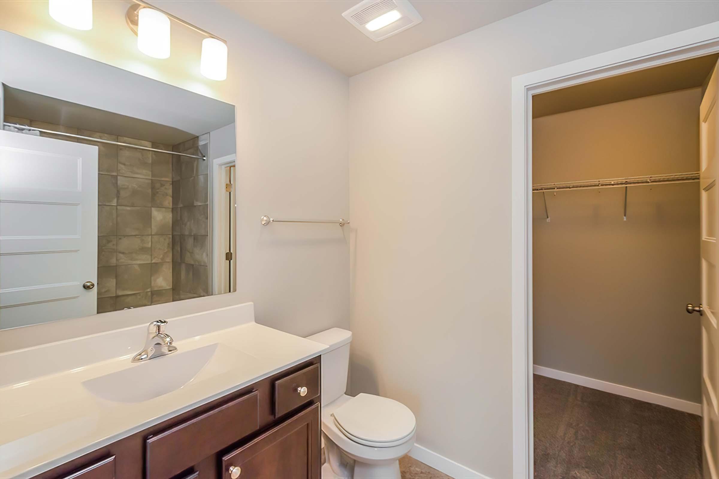 A modern bathroom featuring a white countertop sink, a mirror with overhead lighting, a white toilet, and a tiled shower area. To the right, there is a closet with a shelf and an open door. The walls are painted in a neutral color, and the flooring is a light gray.