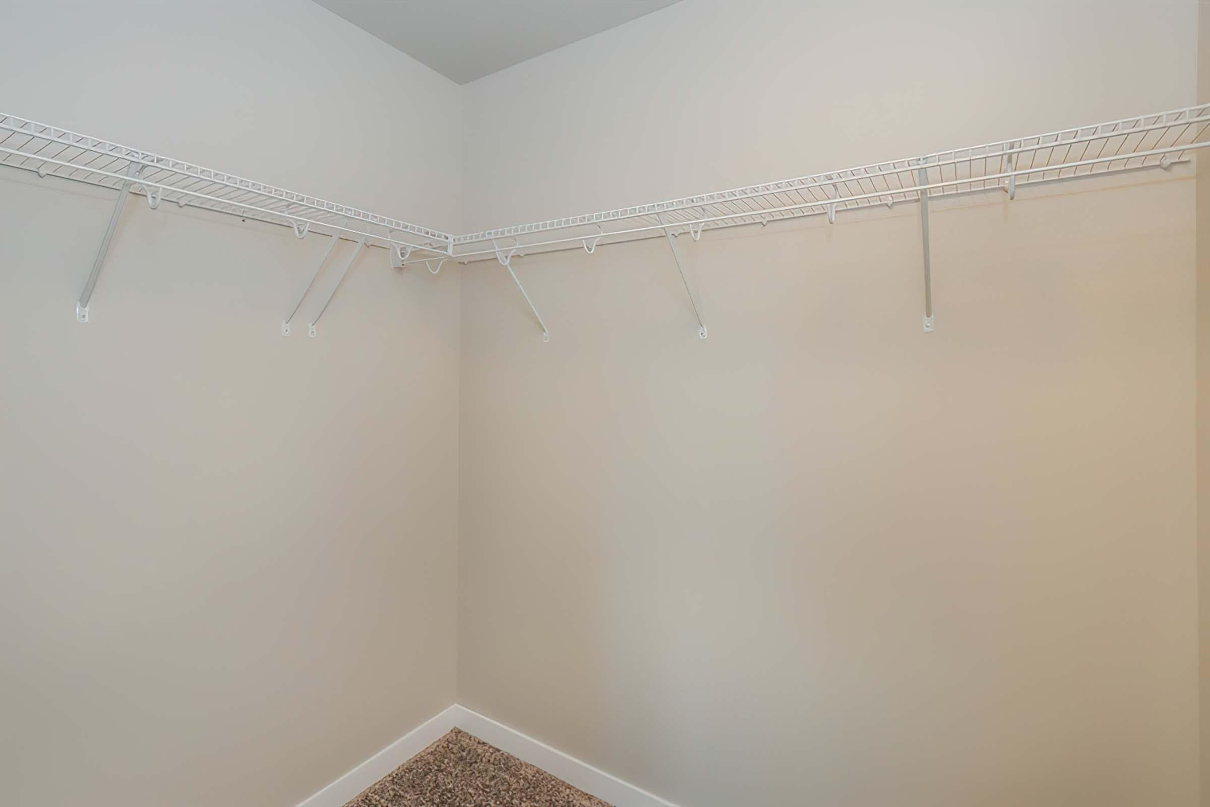A spacious, empty closet with white wire shelving and a light gray wall. The floor is covered with beige carpet. The closet appears organized and ready for storage.