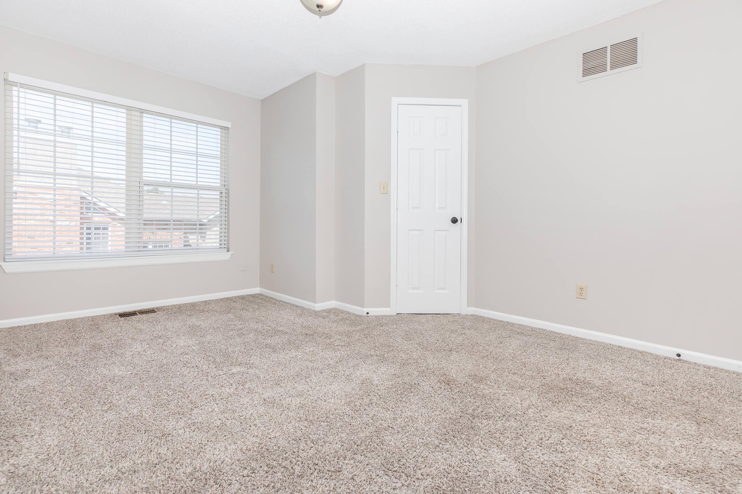 A spacious, empty room with light gray walls, a carpeted floor, and a window with white blinds. There is a ceiling light fixture and a closed white door on the right side. The room has a neutral color scheme, ideal for personalization and decorating.