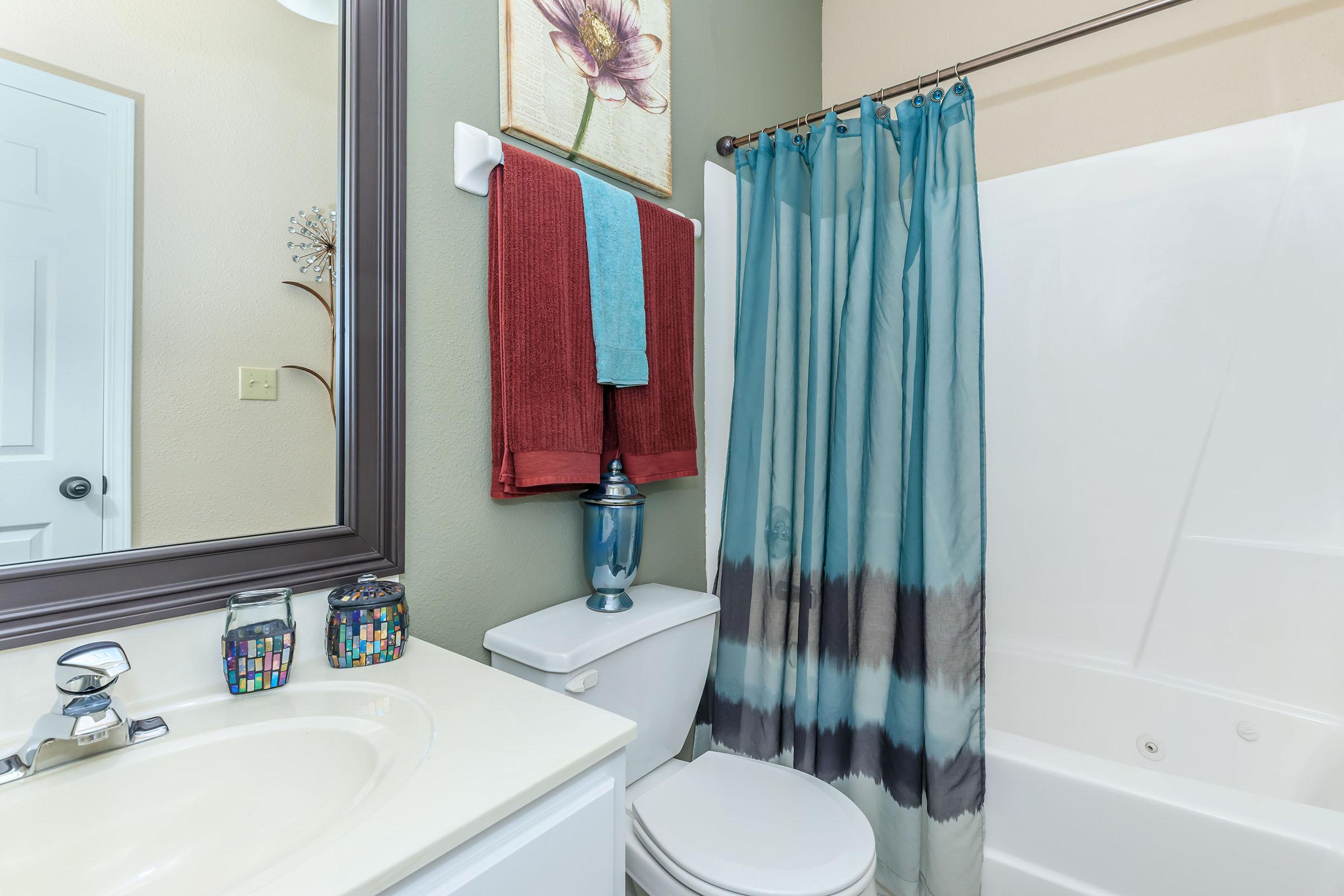 a shower curtain next to a sink