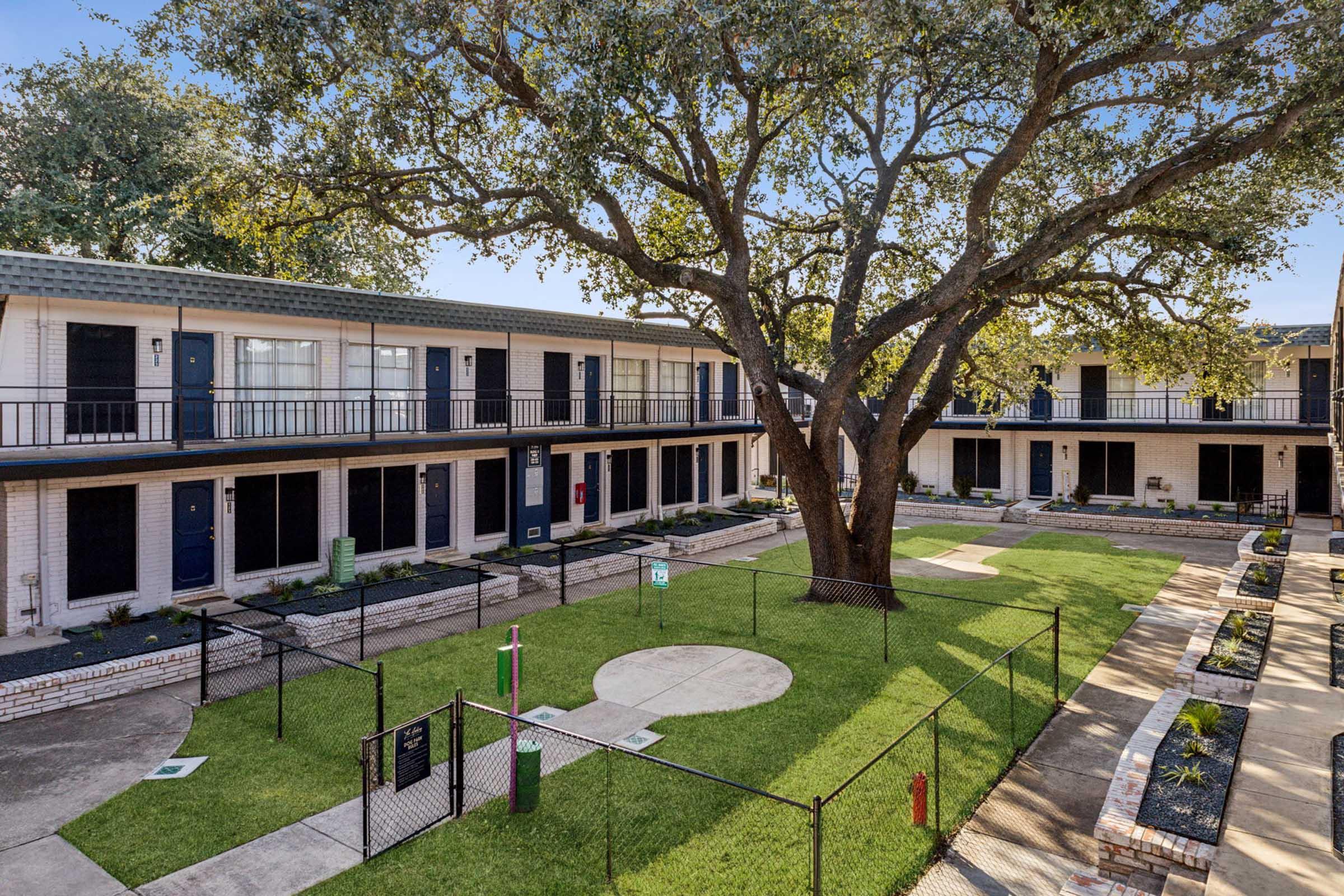 A courtyard of a two-story apartment complex featuring a large tree in the center, surrounded by green grass. The buildings have balconies, and there are pathways, fences, and landscaped areas. The setting is sunny and open, creating a welcoming atmosphere.