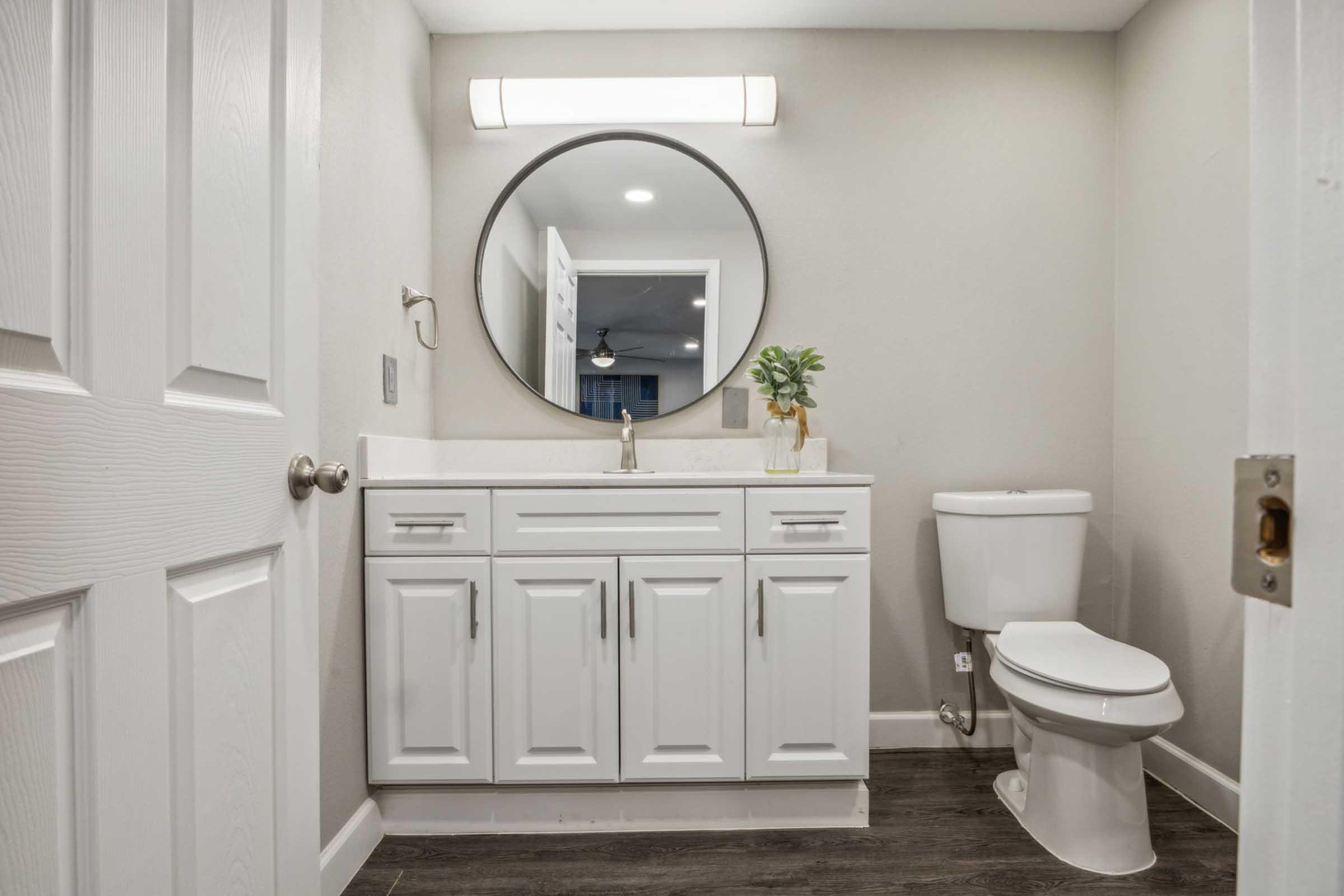A modern bathroom featuring a round mirror above a white vanity with multiple drawers, a sleek sink, and a small potted plant. A white toilet is positioned against the wall, and the space is illuminated by a light fixture above the mirror. The wall color is neutral, complementing the dark flooring.