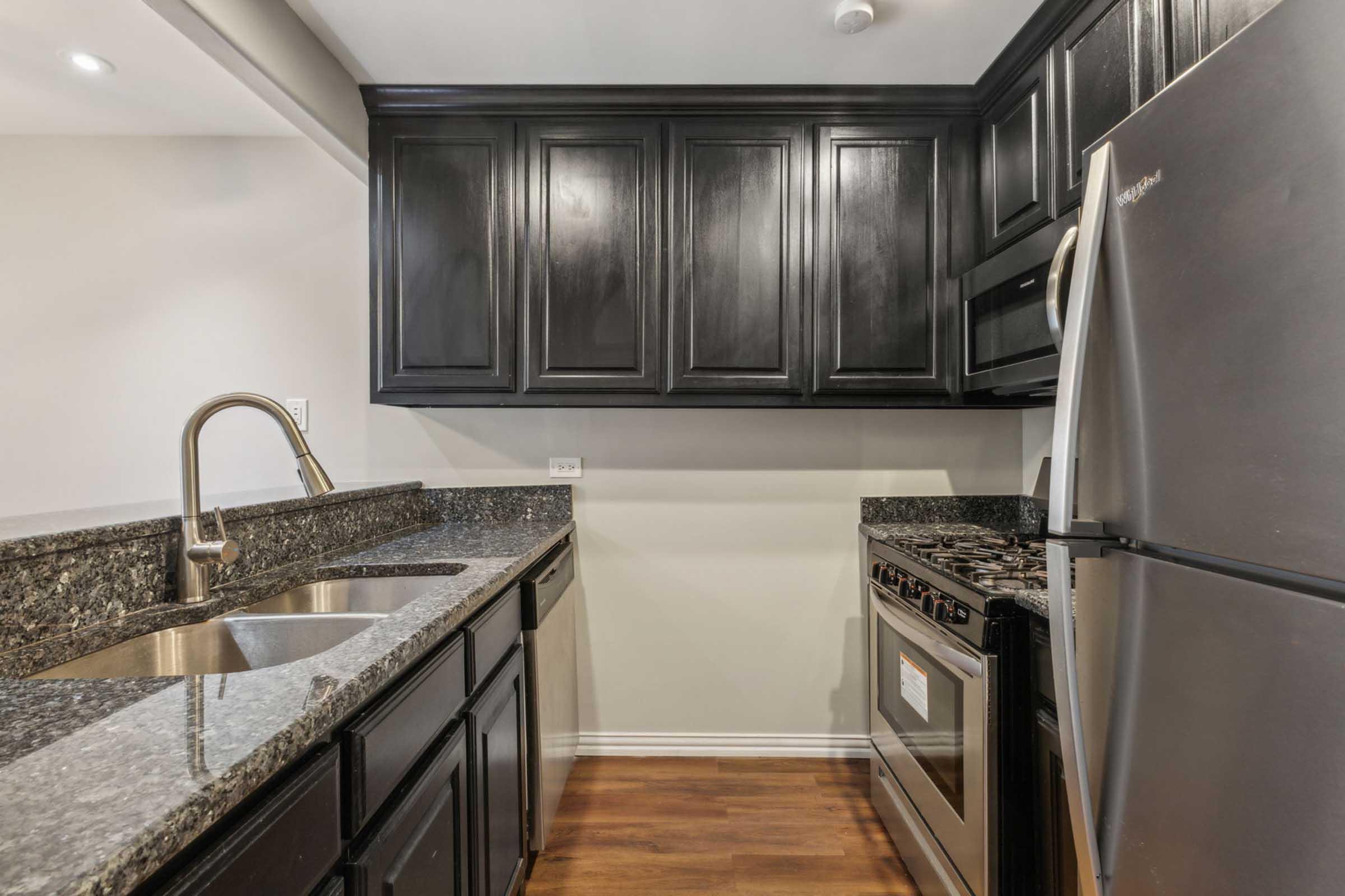 A modern kitchen featuring dark wooden cabinets, a stainless steel refrigerator, a gas stove, and a dual basin sink with a brushed nickel faucet. The countertops are made of dark granite, and the flooring is a warm wood finish, creating a sleek and inviting atmosphere.
