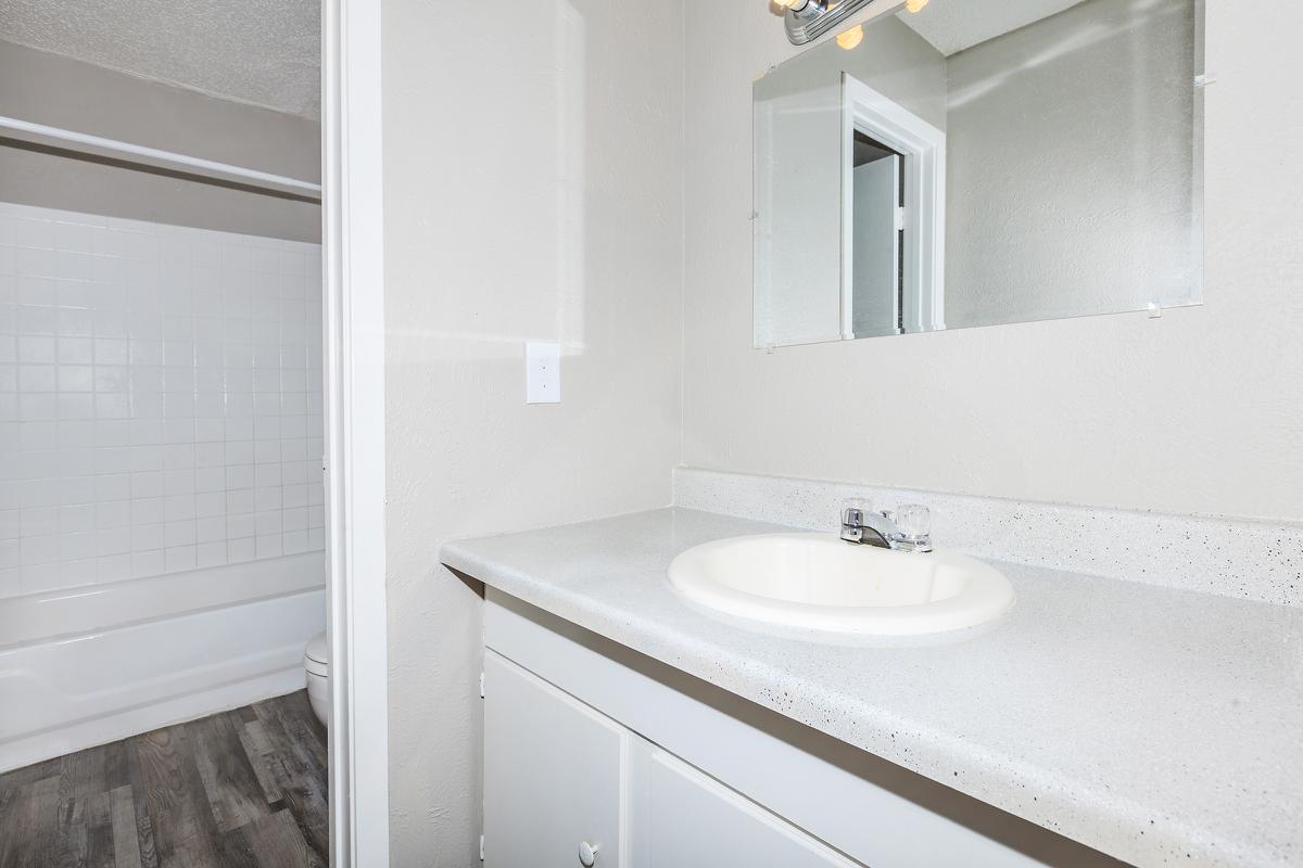 a white sink sitting under a mirror