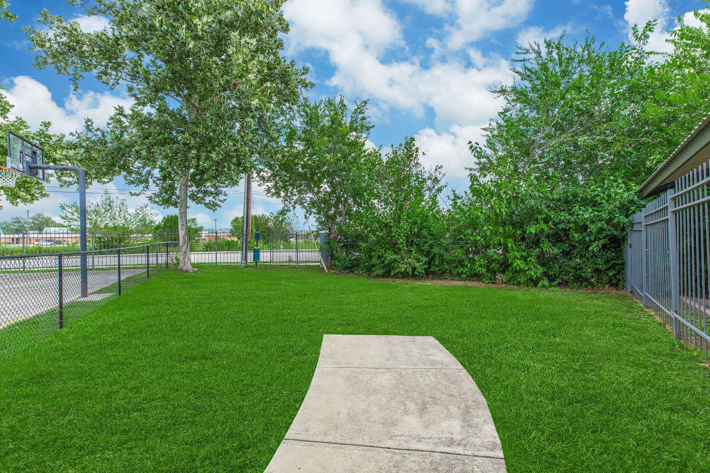 A sunny outdoor space featuring a smooth concrete pathway leading through vibrant green grass, surrounded by trees and shrubs. A basketball hoop is visible in the background, with a well-maintained fence enclosing the area, creating a peaceful and inviting setting for recreation.