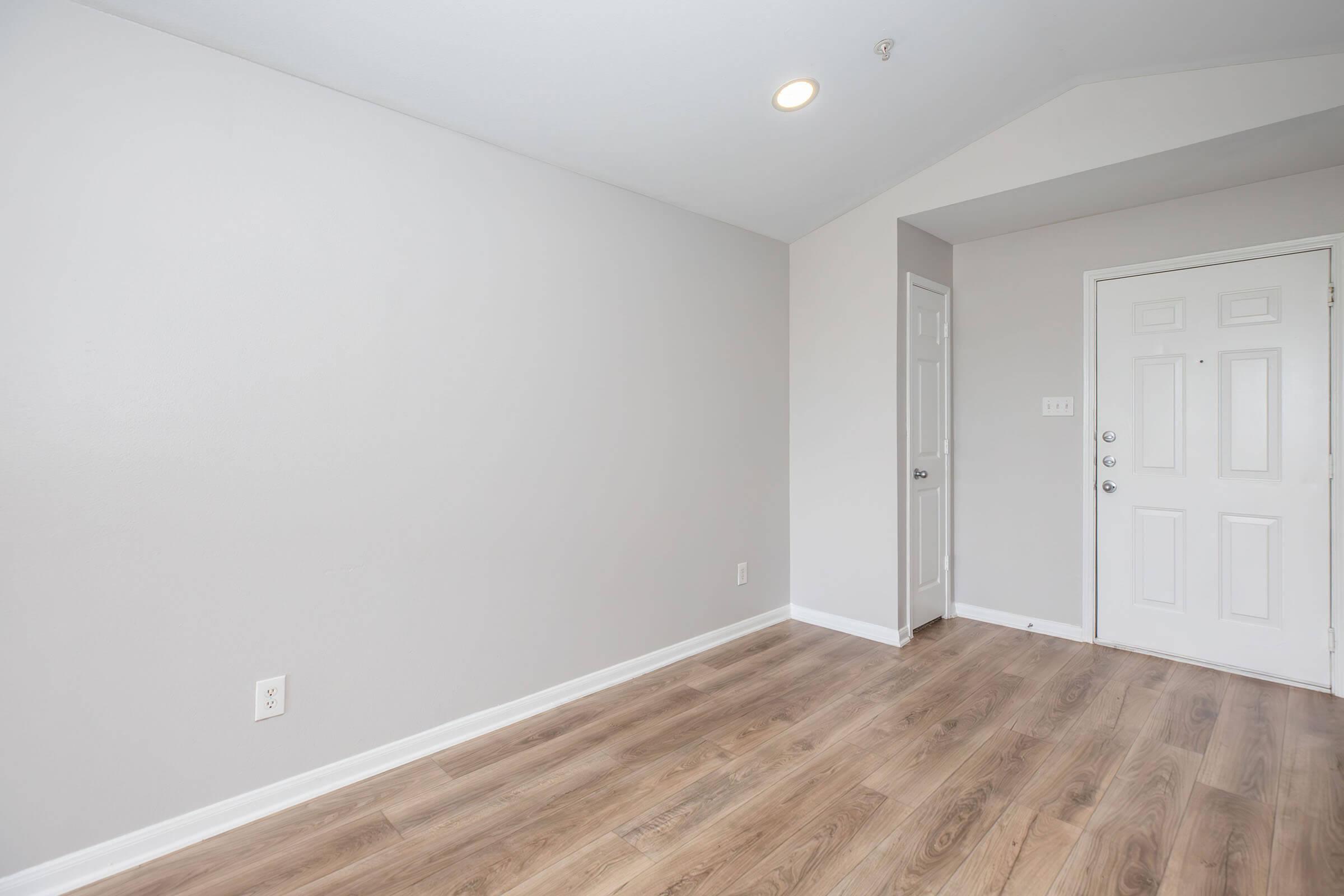 A spacious, sunlit interior featuring a light gray wall and light wooden flooring. The room has a simple design with a door on the right leading outside and another door on the left, possibly leading to a closet. The ceiling is slightly sloped, adding architectural interest to the otherwise minimalistic space.