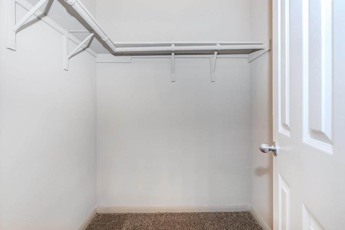 An empty closet featuring white shelving and a door. The walls are painted in a light color, and the floor is covered with carpet. The closet has a minimalistic design with plenty of open space and no items or clothing inside.