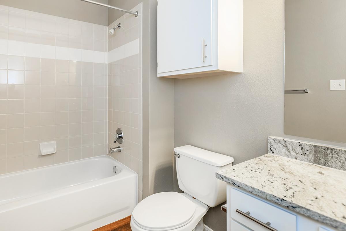 A modern bathroom featuring a bathtub with a shower, a white toilet, and a granite countertop with a sink. The walls are painted in a neutral gray tone, and there is a cabinet above the toilet for storage. The floor has wooden tiles, enhancing the contemporary aesthetic.