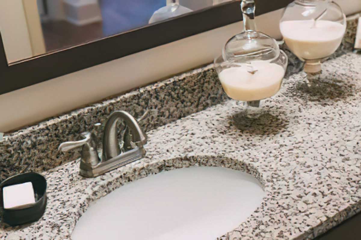 A modern bathroom countertop featuring a granite surface, a sleek silver faucet, a white oval sink, and decorative glass containers with candles. A small black dish holds a bar of soap, with a mirror reflecting the elegant space.