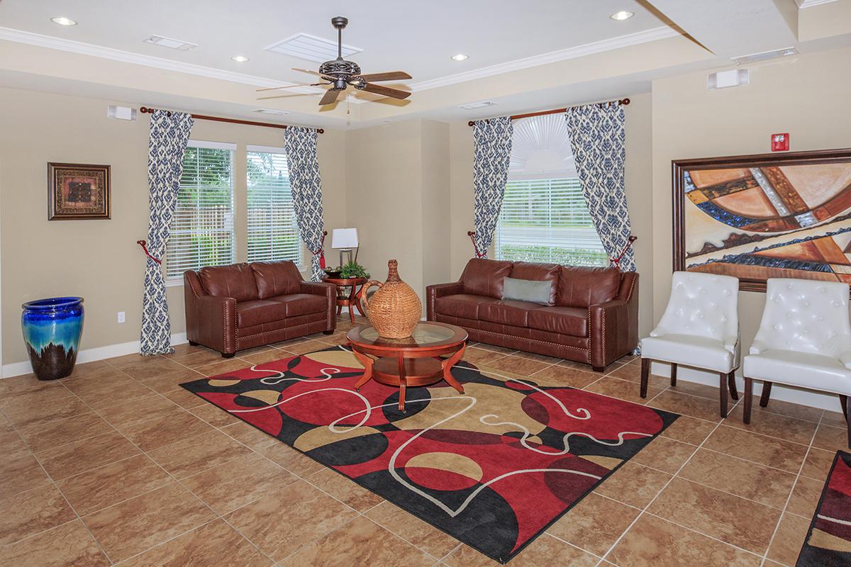 a living room filled with furniture and a red rug