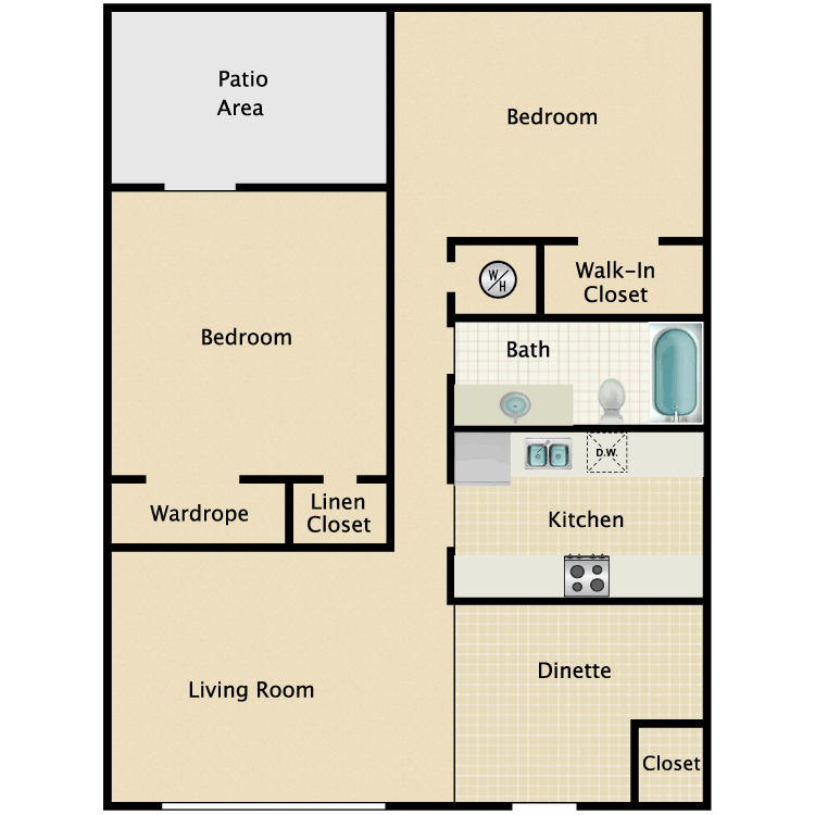 2 Bed 1 Bath floor plan image