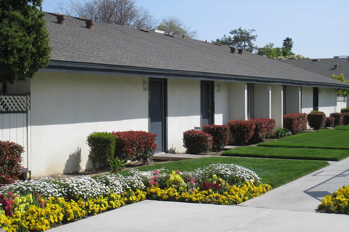 a close up of a flower garden in front of a house