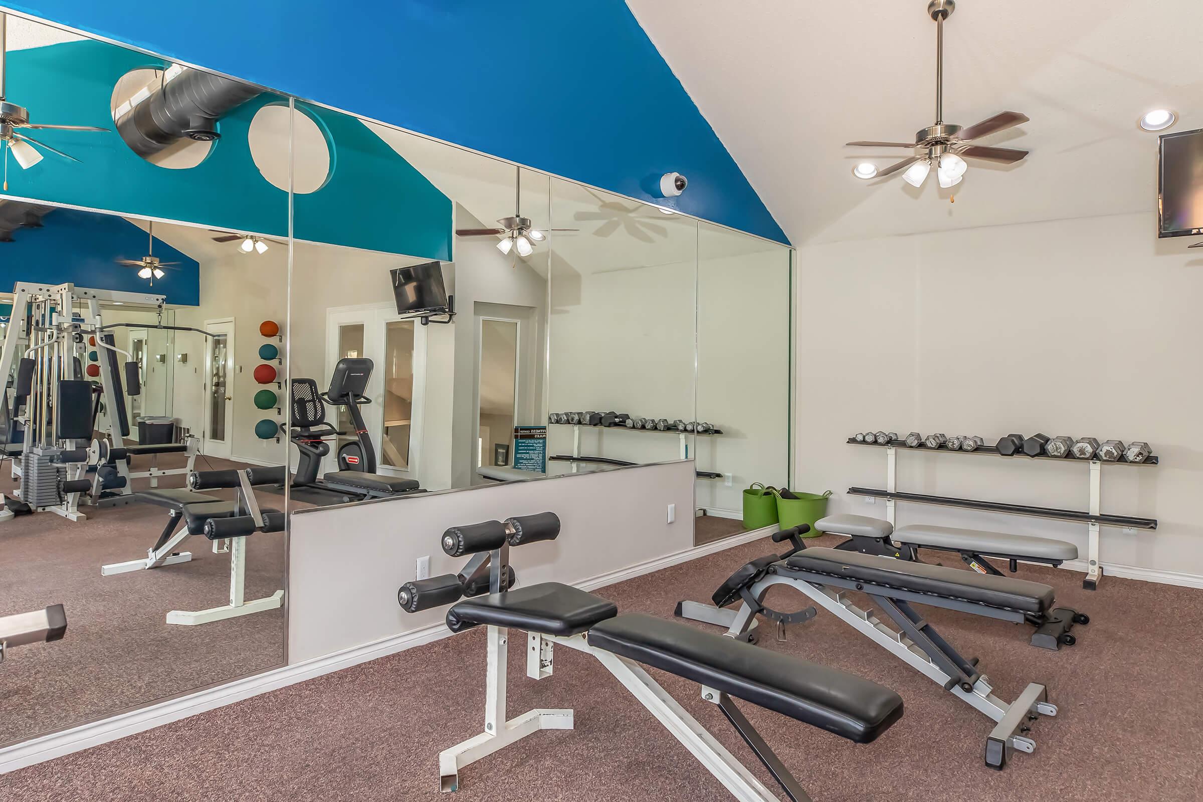 A home gym with exercise equipment including weight benches, dumbbells, a treadmill, and workout machines. The space features mirrored walls and blue ceilings, enhancing the bright and open feel of the room. Ceiling fans and a mounted TV add comfort and entertainment options.