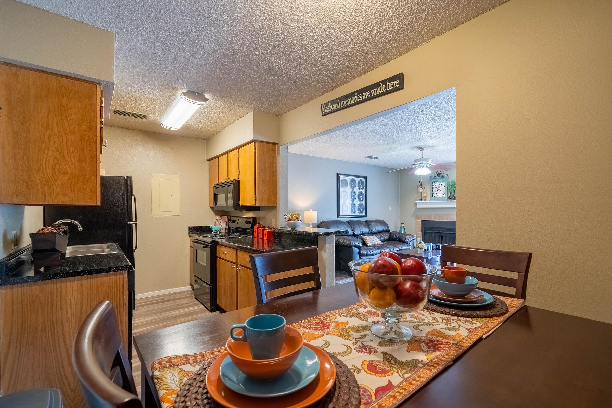 a kitchen with food on a table