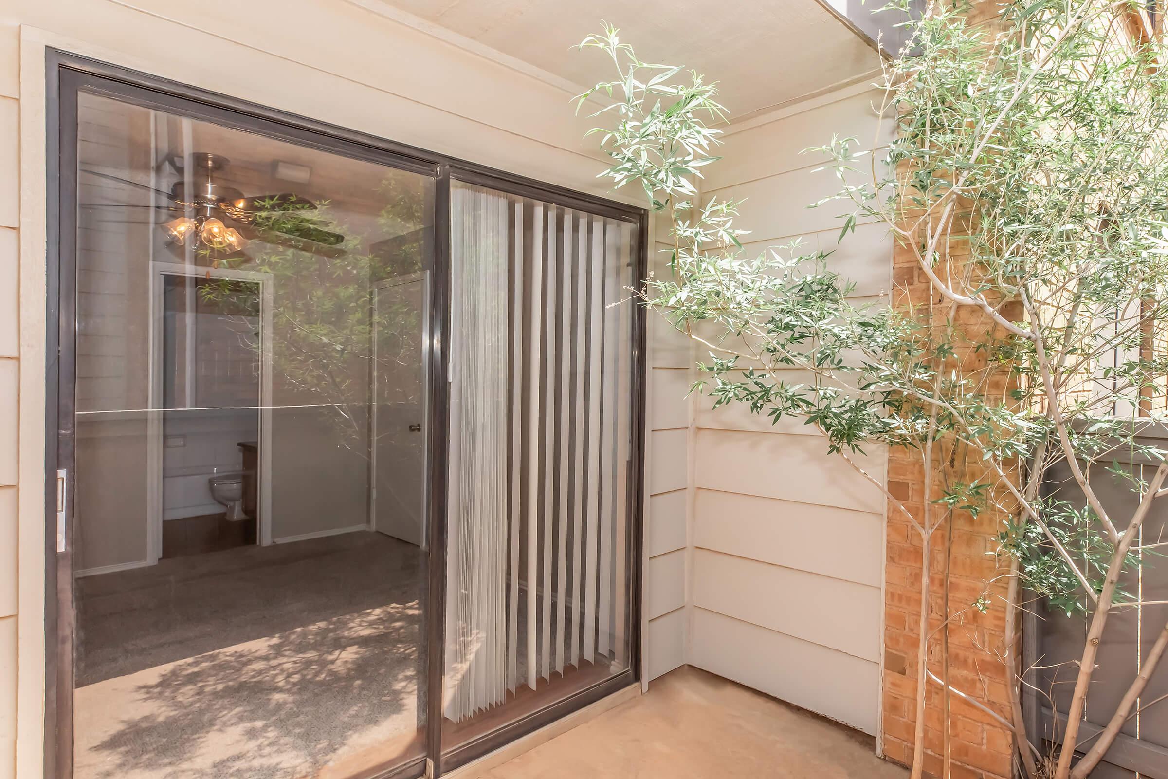 A view from a patio looking through a glass sliding door with vertical blinds. The interior features a glimpse of a room with neutral-colored walls and carpet. A small green plant is visible in the corner, adding a touch of nature to the space. The door leads to a cozy, well-lit area.