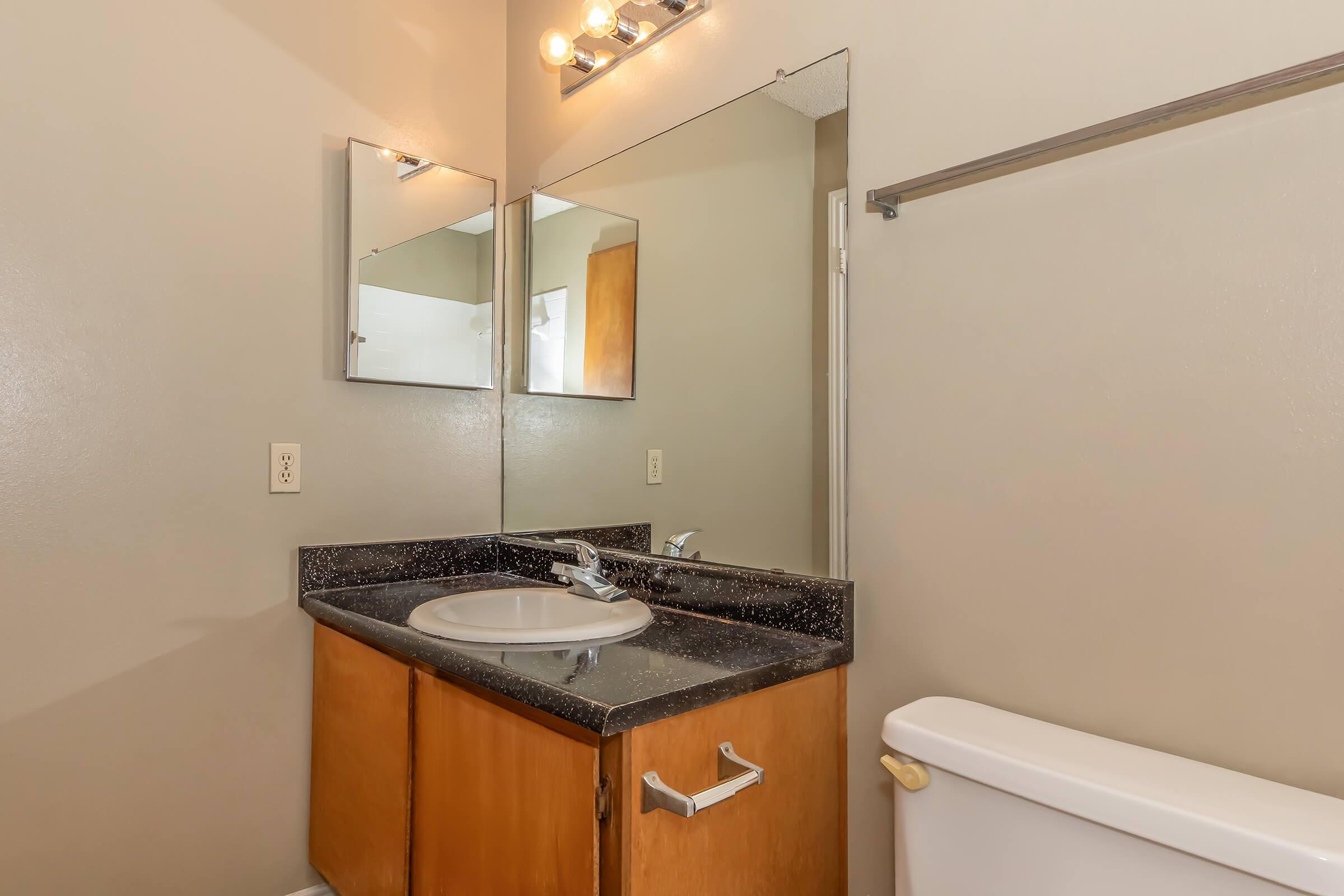 A bathroom featuring a dark countertop with a circular sink, a large mirror above, and a wooden cabinet underneath. The wall is painted a light color, and there’s a toilet to the right. The lighting appears warm, enhancing the clean and simple design of the space.