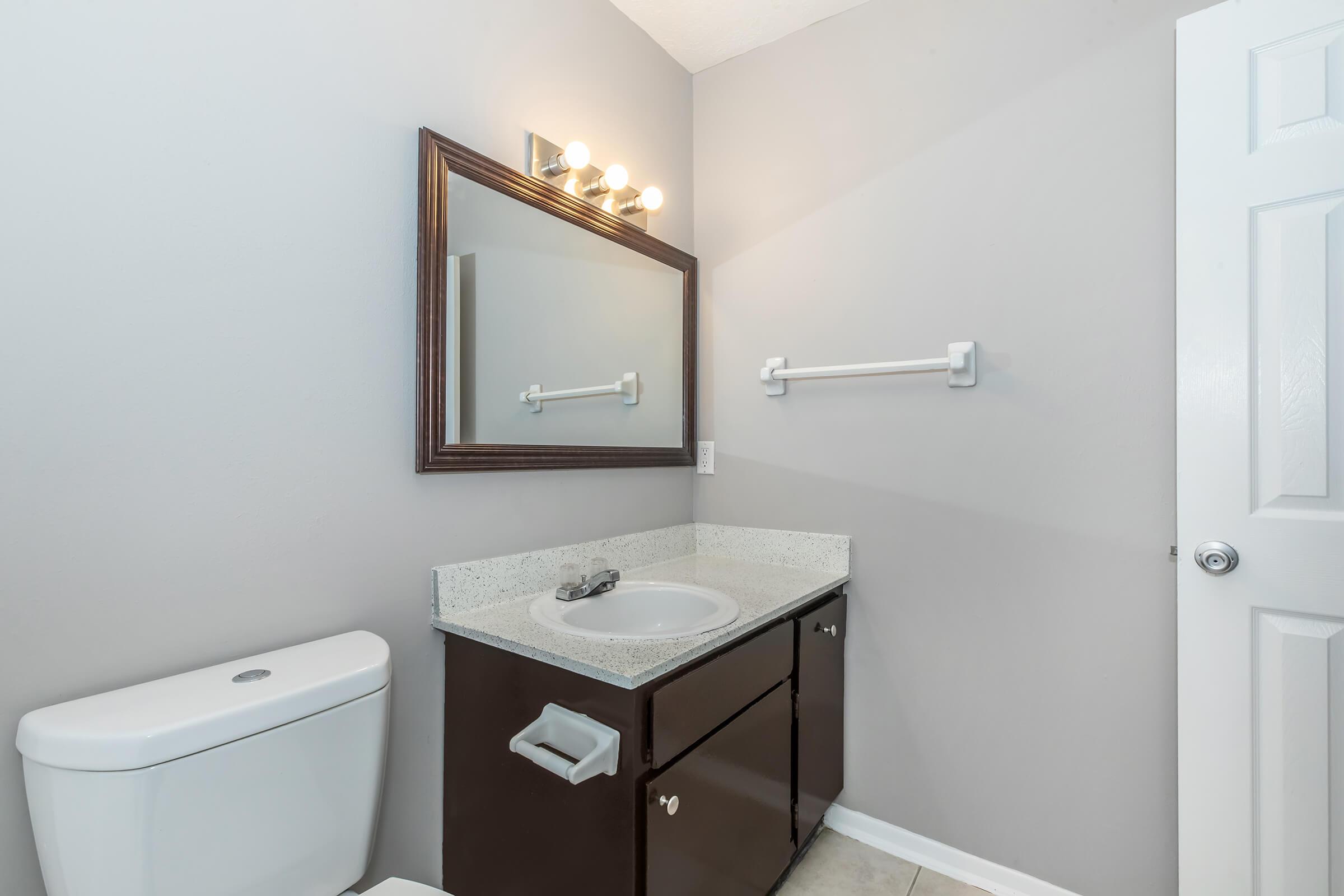 A clean bathroom featuring a white toilet, a dark wood vanity with a granite countertop, and a large mirror with a light fixture above. The walls are painted a light gray, and there is a towel bar on the wall next to the vanity. The floor is tiled in a neutral color.