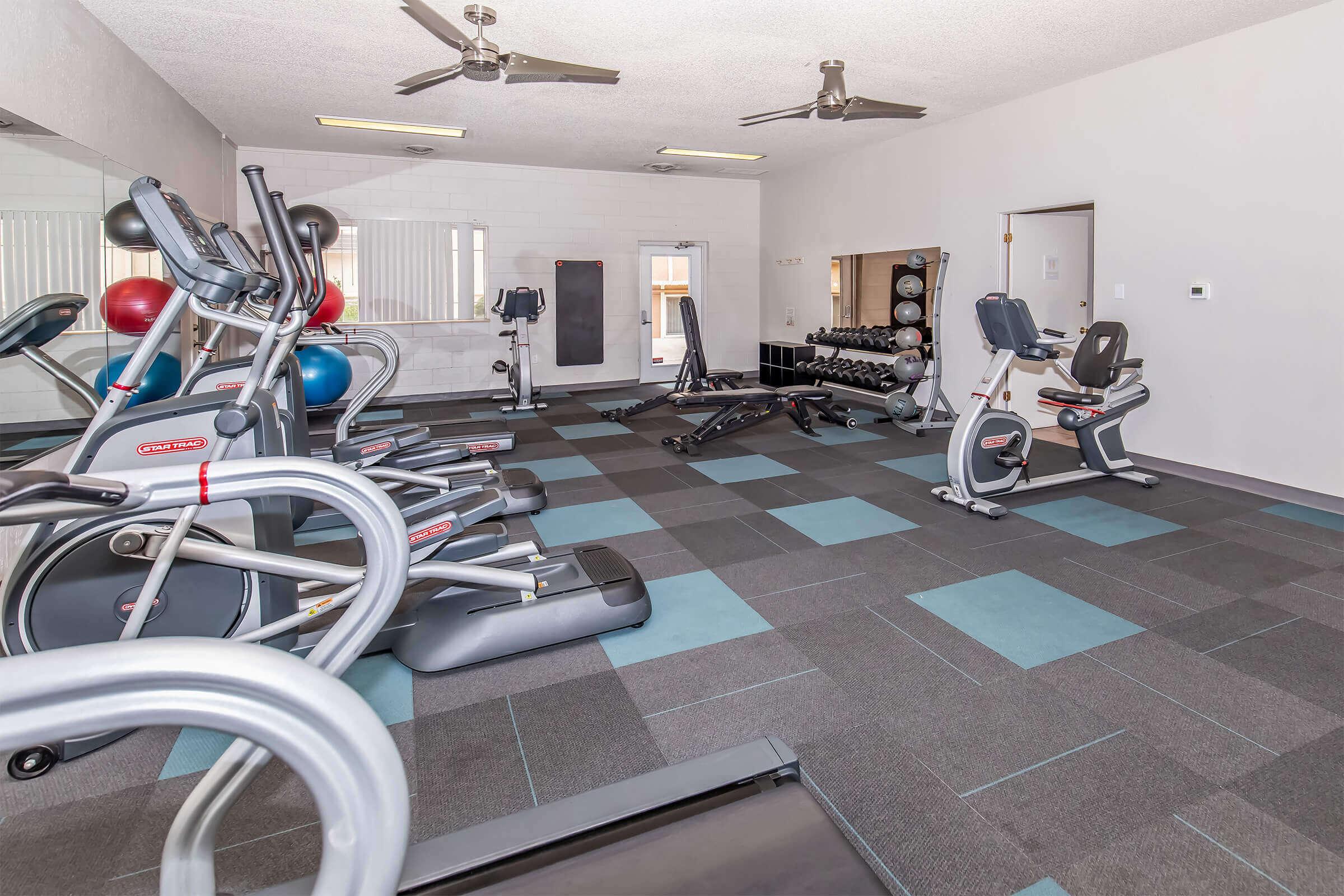 A modern gym interior featuring various exercise equipment, including elliptical machines, stationary bikes, free weights, and a bench press. The space has a clean design with ceiling fans, large mirrors, and colorful exercise balls on the floor, set in a well-lit environment.