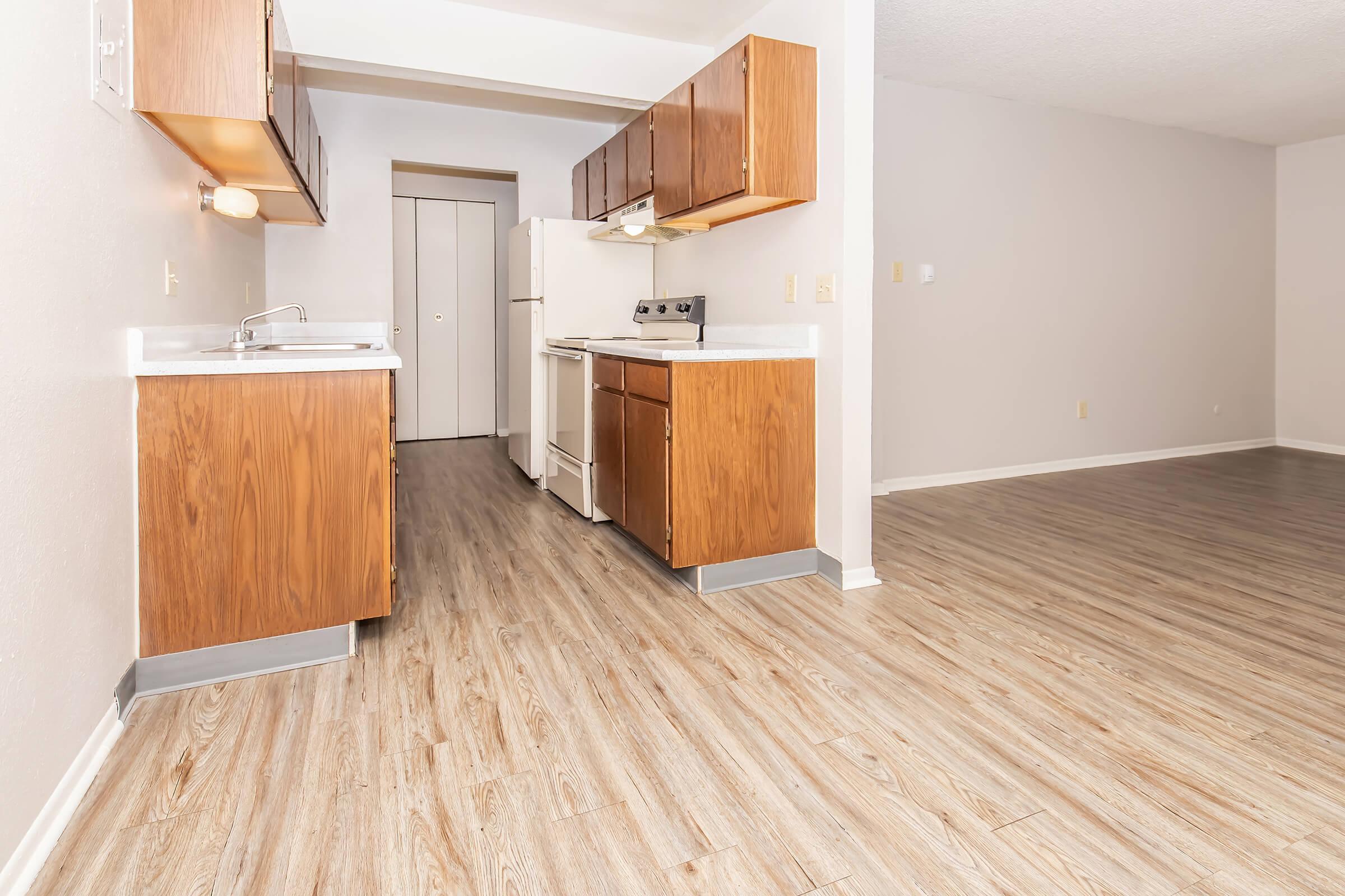 Interior view of an apartment featuring a kitchen with wooden cabinets, a sink, and a stove, leading into a spacious living area with light-colored walls and a wood-like floor. A doorway in the background suggests access to additional rooms.