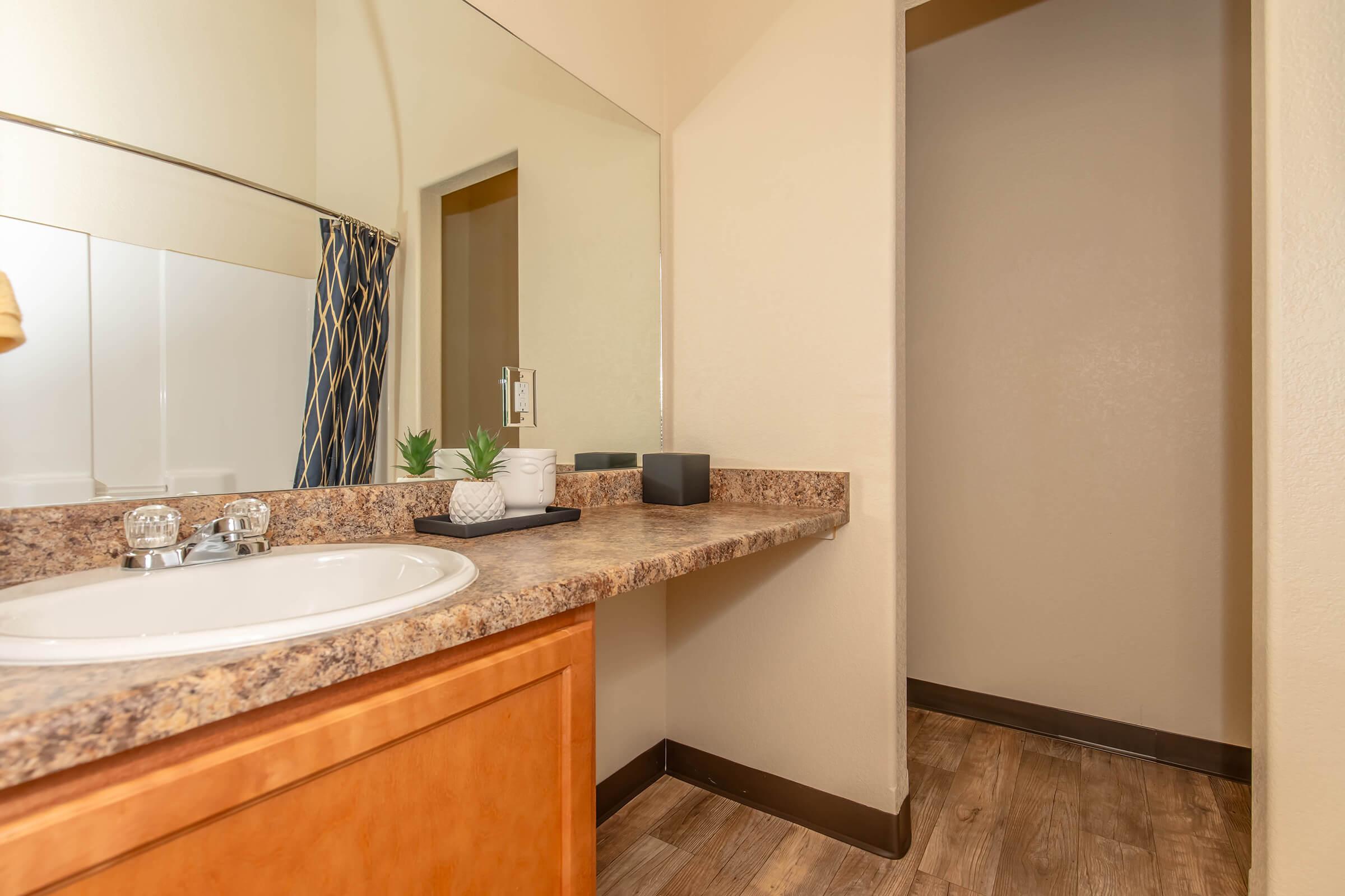 A bathroom with a countertop sink, modern mirror, and plants. The space features light-colored walls and wooden flooring. A closed shower curtain is visible in the background, and there’s a small alcove on the right side. Overall, the design is clean and functional, with a neutral color palette.