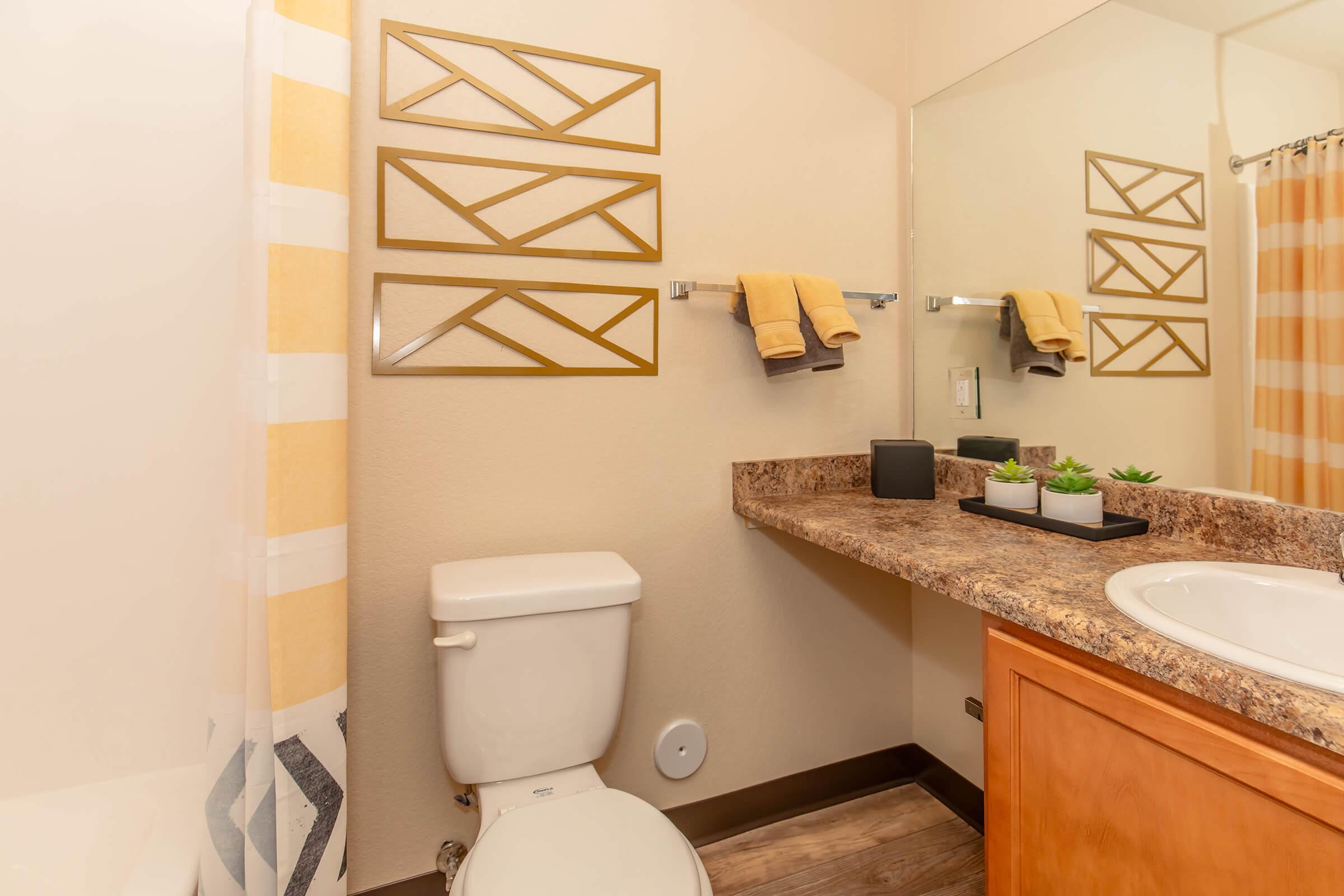 A clean and modern bathroom featuring a toilet, a countertop with a sink, and a wall-mounted mirror. The walls are painted light-colored, and decorative elements include geometric wall art, two hanging towels, and small potted plants on the countertop. A shower curtain with a striped design is visible.