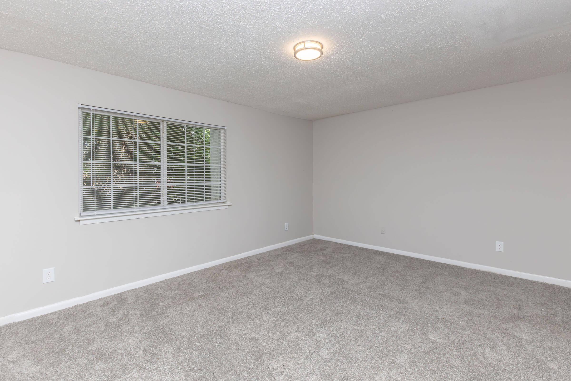 A spacious, empty room with light gray walls and newly installed carpet. A window with white blinds allows natural light to enter, illuminating the space. The ceiling features a round light fixture, providing overhead lighting. The overall atmosphere is clean and ready for furnishings.
