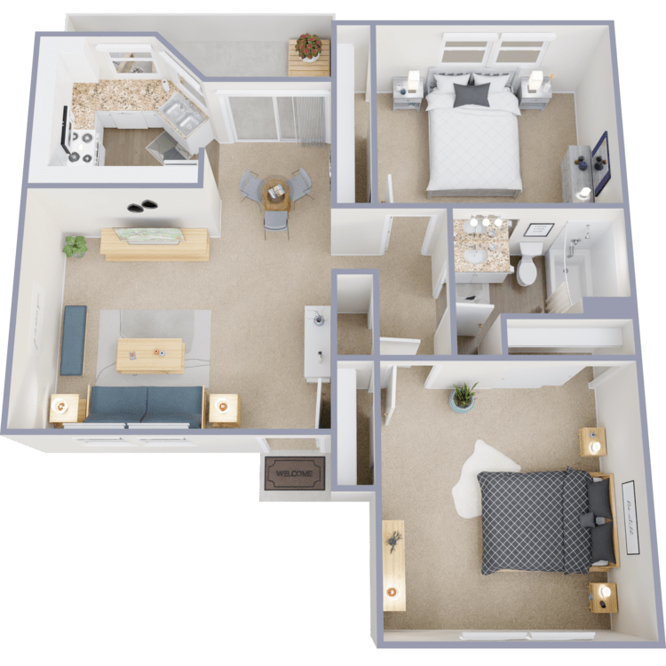Plan D, a 2 bedroom 1 bathroom floor plan.