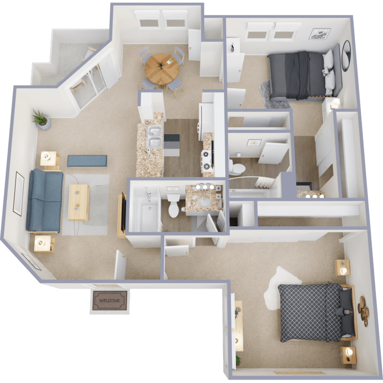 Plan E, a 2 bedroom 2 bathroom floor plan.